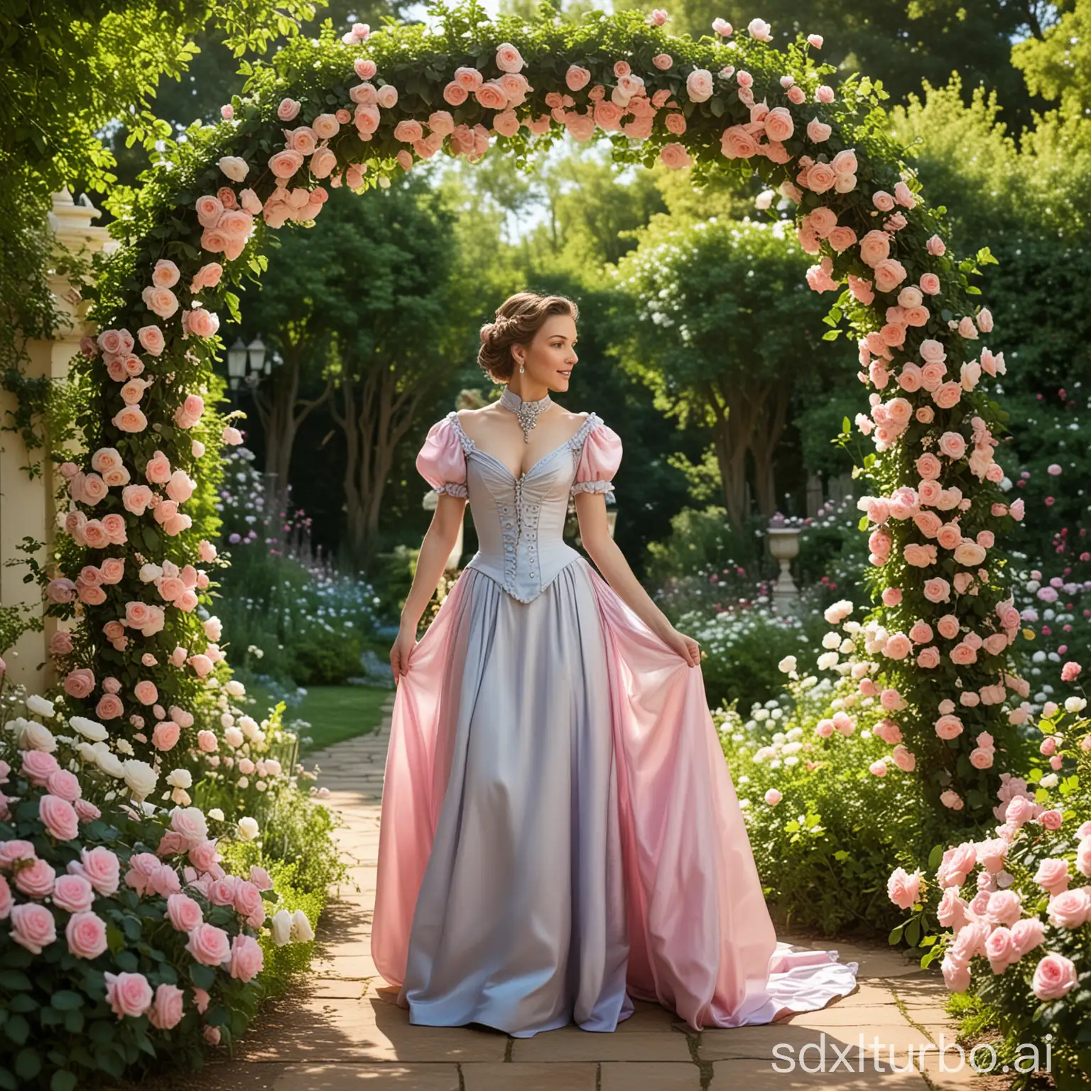 caver in the red seaThe image depicts a woman in a long, flowing dress with a high collar and corset, holding a fan in her right hand. She is standing in a garden filled with pink and white roses, with a blue archway in the background. The woman's hair is styled in an elegant updo, and she is wearing a necklace and earrings. The scene is set against a backdrop of lush green trees and a clear blue sky.