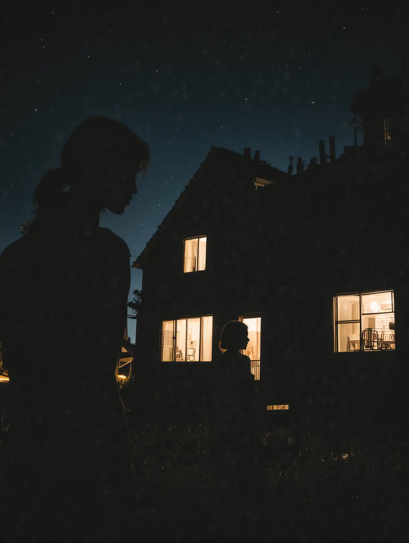 A silhouette of a woman looking at a silhouette of a house at night