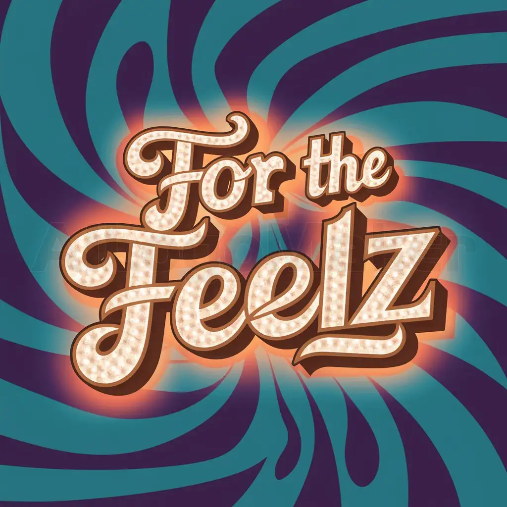 A logo design,with the text 'for the feelz', main symbol: You're asking for a logo design with the following specifications:n1. A 60-70s viben2. Cursive fontn3. Visible under LED lightsn4. Colors: Orange, teal, and purplen5. An icon to make it popn6. A groovy backgroundn7. Lettering that stands out,nModerate,clear background
