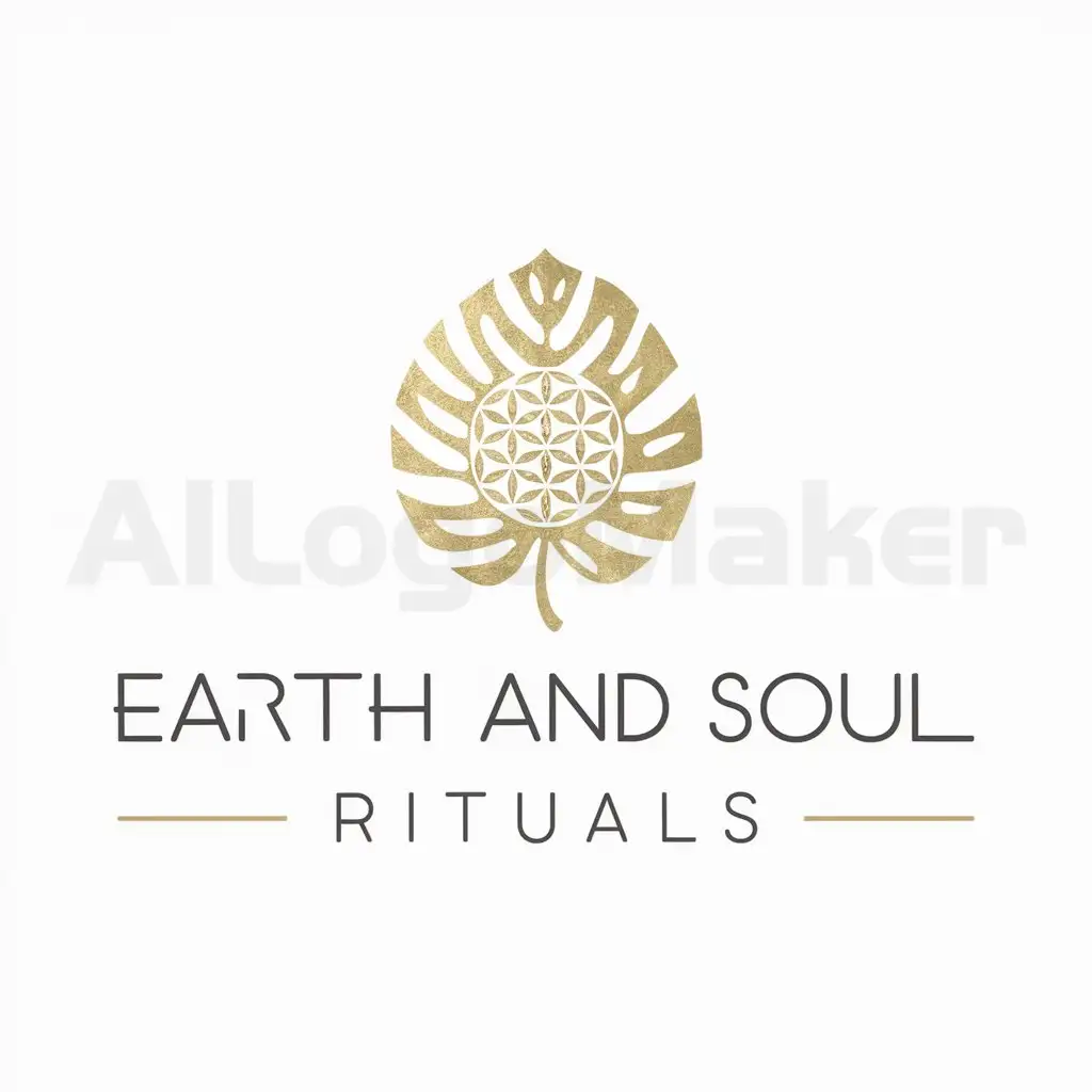 a logo design,with the text "Earth and Soul Rituals", main symbol:gold monstera leaf made of flower of life pattern with a unique font,Minimalistic,be used in Others industry,clear background