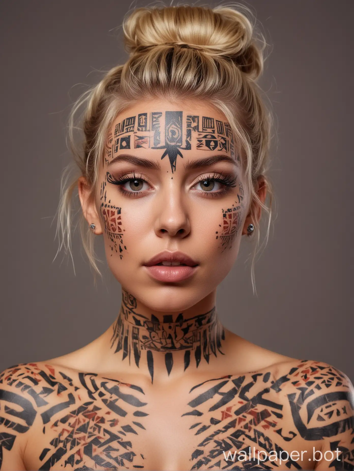 Captivating portrait of blonde woman naked her body covered with coloured tribal tattoos, messy bun hairstyle thick eyelashes, shy pose.