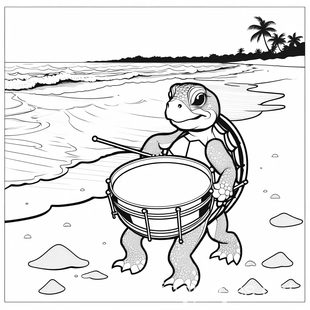 A cheerful turtle playing steel drums on a sandy beach., Coloring Page, black and white, line art, white background, Simplicity, Ample White Space. The background of the coloring page is plain white to make it easy for young children to color within the lines. The outlines of all the subjects are easy to distinguish, making it simple for kids to color without too much difficulty