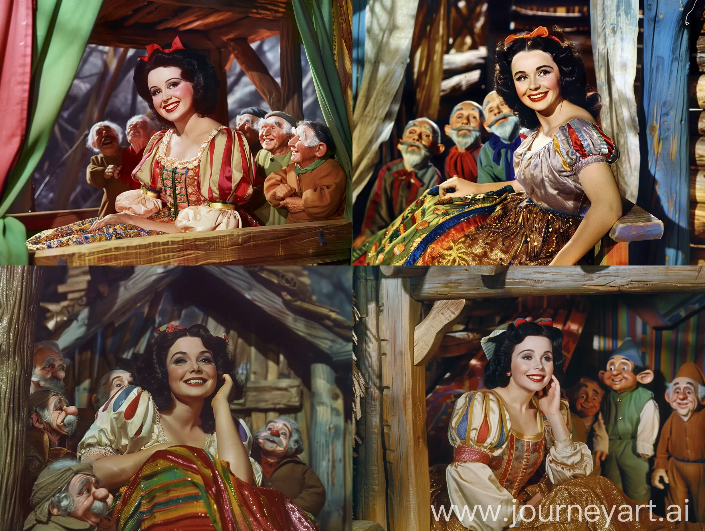 Elizabeth Taylor as the beautiful and smiling Snow White is sitting in a colorful wooden cabin. 7 kind human dwarfs from the story of Snow White are standing around her. Super Panavision 70s 1950s, color image, vintage quality