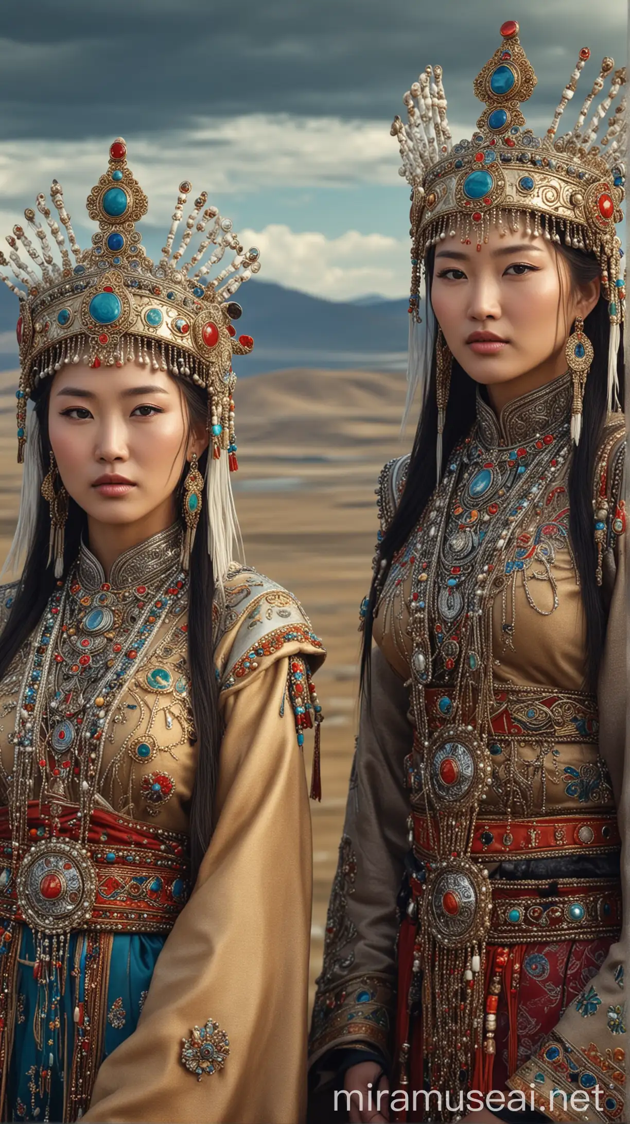 A depiction of Mongol women wearing elaborate headdresses, with jewels and finery adorning their heads, against the backdrop of the vast Mongolian landscape. hyper realistic