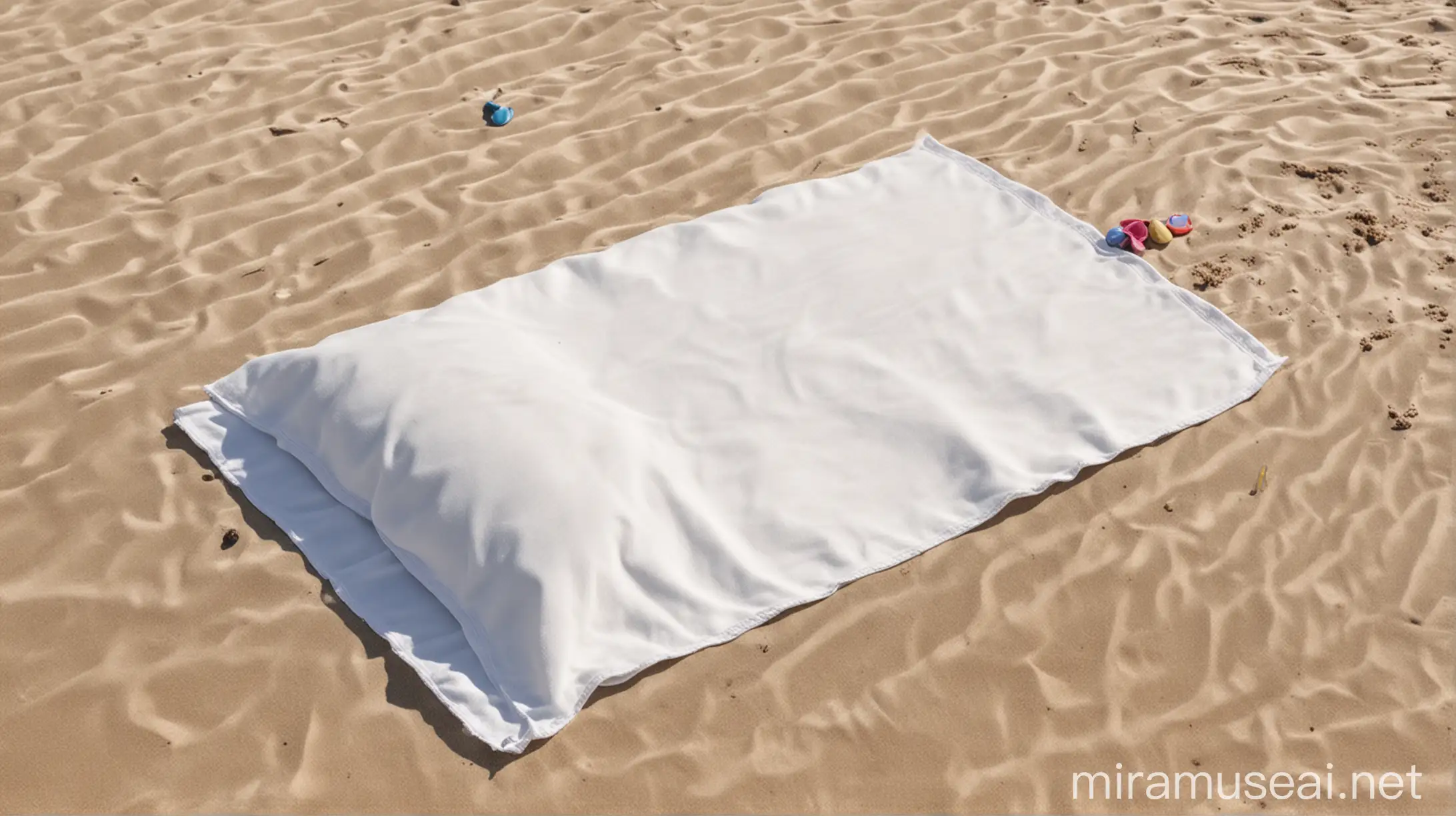 Create an image of a white microfiber beach towel lying flat on the sand with an attachable pillow on top of it. DO NOT add people lying on the towel