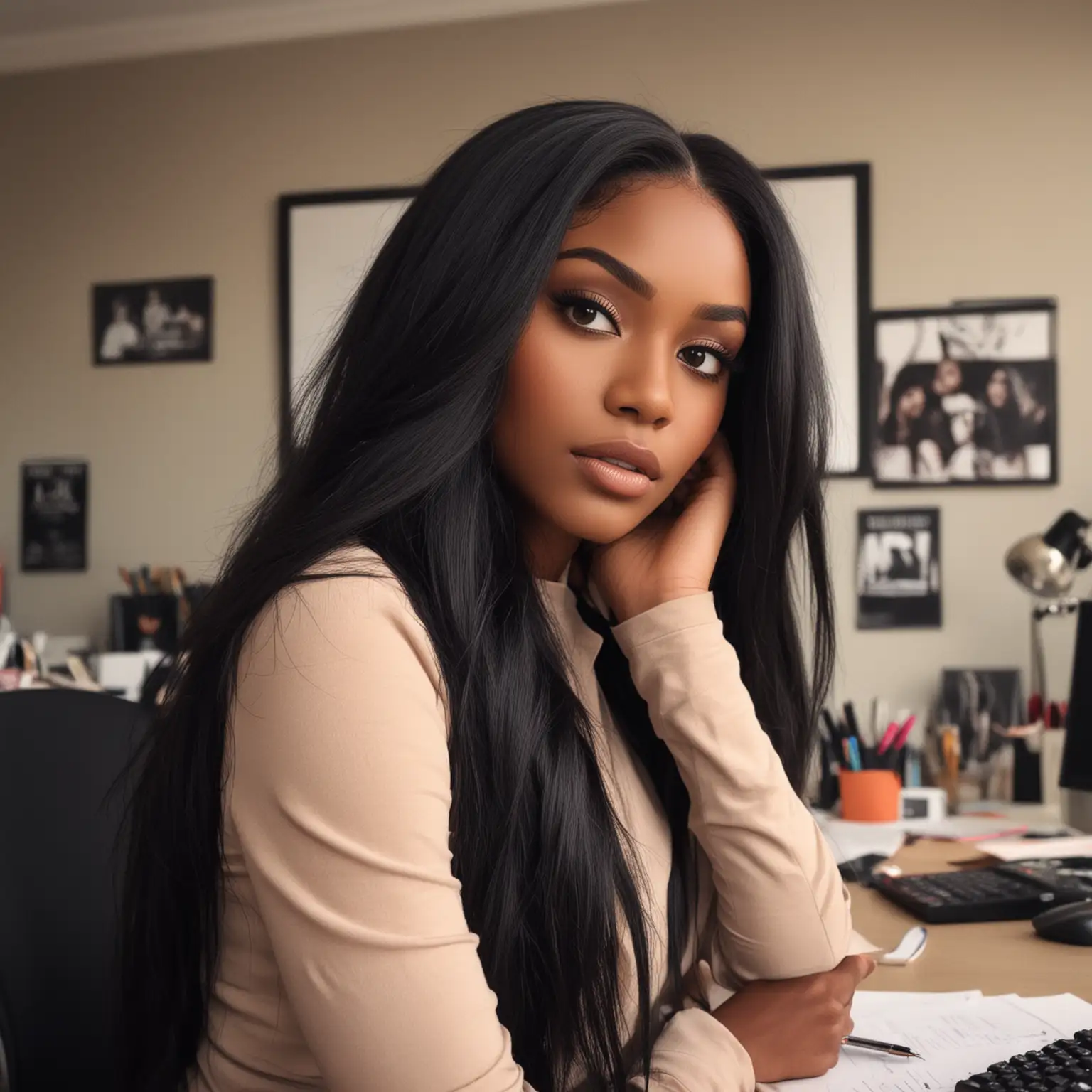 Ambitious Black Woman Working at Desk with Realistic HD Look