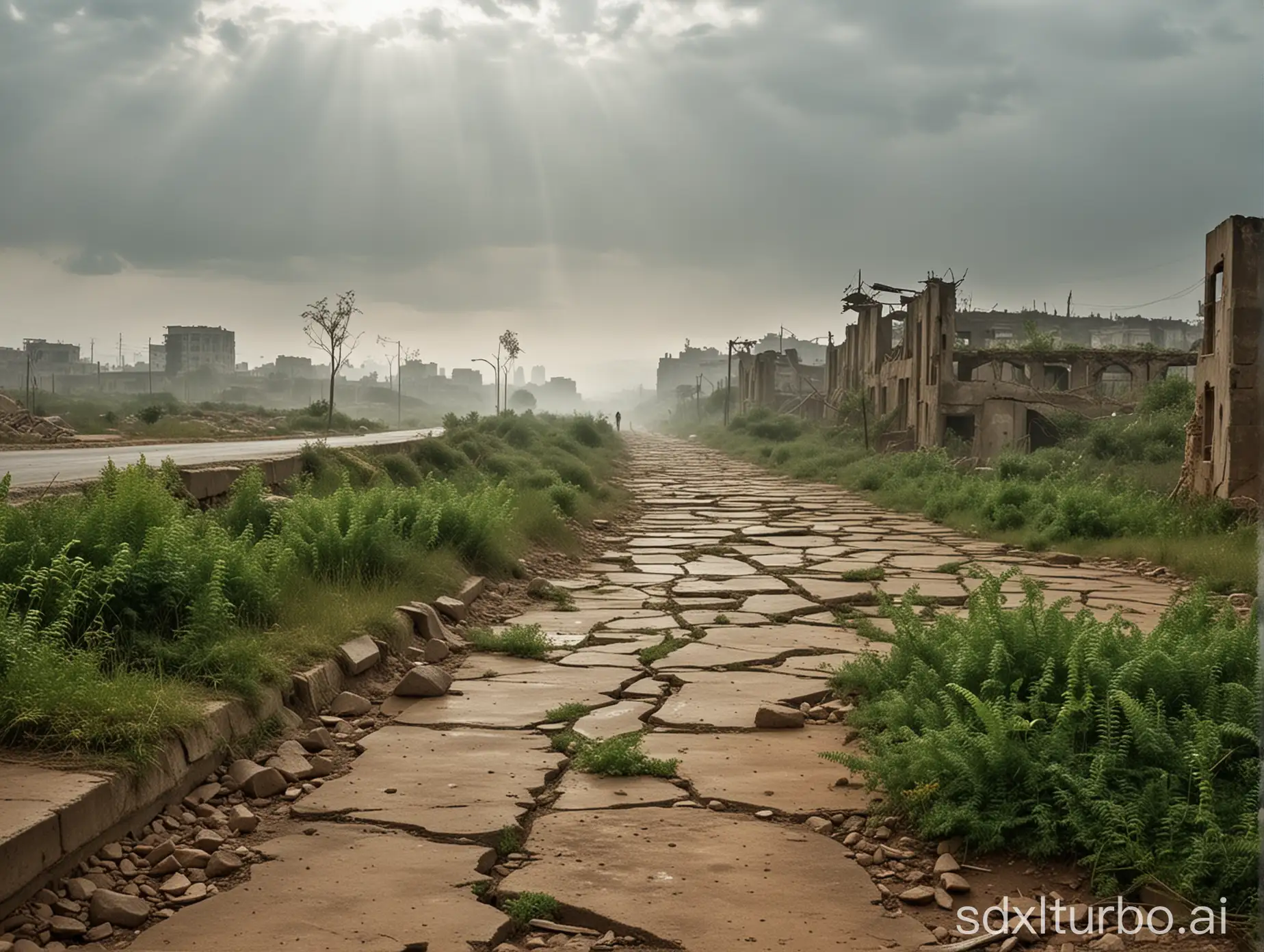 A post-apocalyptic scene dominated by the resilient greenery that has taken over the ruins of a once-thriving city. The broken buildings in the background are barely visible through the thick layer of dust and clouds that cover the sky, casting an eerie, dusty haze over the entire scene. The remnants of civilization are scattered across the ground, with crumbling roads and overgrown parks serving as a somber reminder of the world that was. Despite the gloomy atmosphere, delicate tendrils of green life manage to snake their way through cracks in concrete and stone, a testament to the enduring power of nature. The broken pieces of a once-shining city serve as a stark contrast to the vibrant greenery that now surrounds them, creating a surreal and hauntingly beautiful juxtaposition. The dusty and cloudy weather only serves to emphasize the desolation and loneliness of the setting, as if the world itself is struggling to breathe beneath the weight of its own decay.
