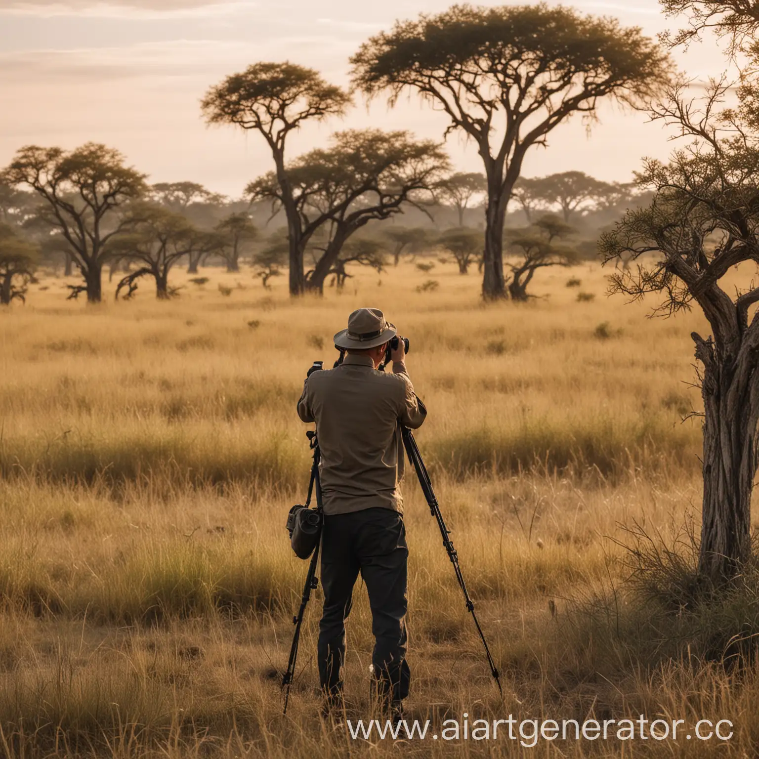 Профессиональный фотограф наблюдает за природой в саване