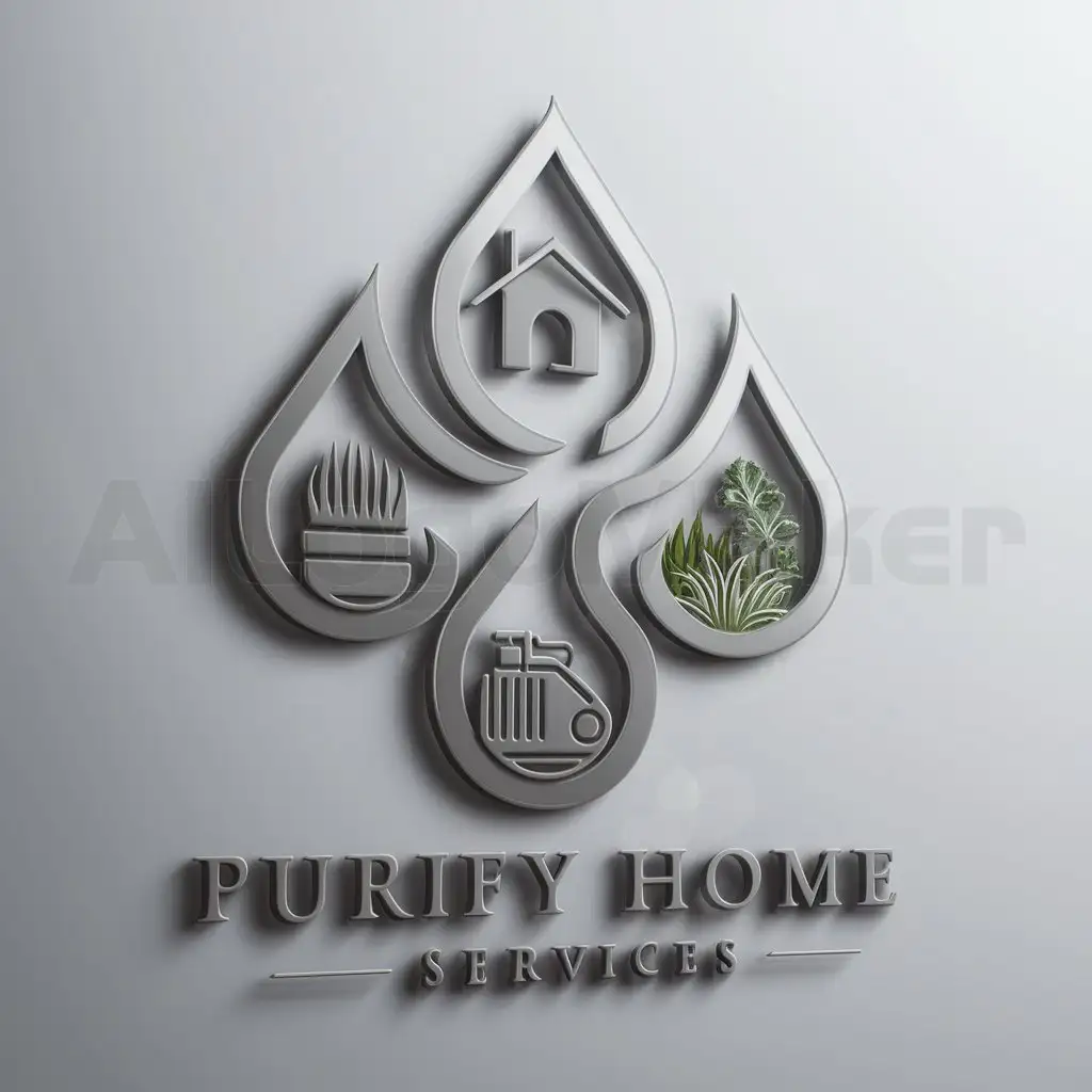 a logo design,with the text "Purify Home Services", main symbol:Create a logo of 4 water drops that represent purification. Include the shape of a home inside of drop #1. Include a paint brush inside of drop #2. Include a pressure washer inside of drop #3. Include landscaping inside of drop# 4.,complex,clear background