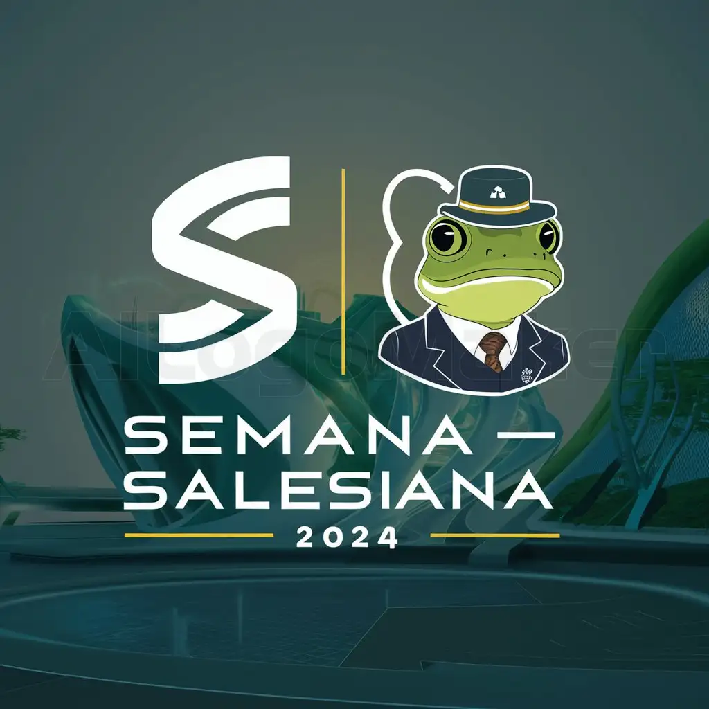 a logo design,with the text "SEMANA SALESIANA 2024", main symbol: Design a logo that says "SALESIAN WEEK 2024" with a futuristic theme related to recycling. It should also feature a green frog in school uniform.,Moderate,clear background