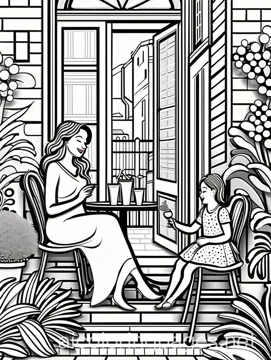 Depict a diva mother and her little daughter in Quiet cafes alley, where they have a dessert. in the cafe garden, blending elements of sophistication and glamour with the nurturing spirit of motherhood. , Coloring Page, black and white, line art, white background, Simplicity, Ample White Space. The background of the coloring page is plain white to make it easy for young children to color within the lines. The outlines of all the subjects are easy to distinguish, making it simple for kids to color without too much difficulty