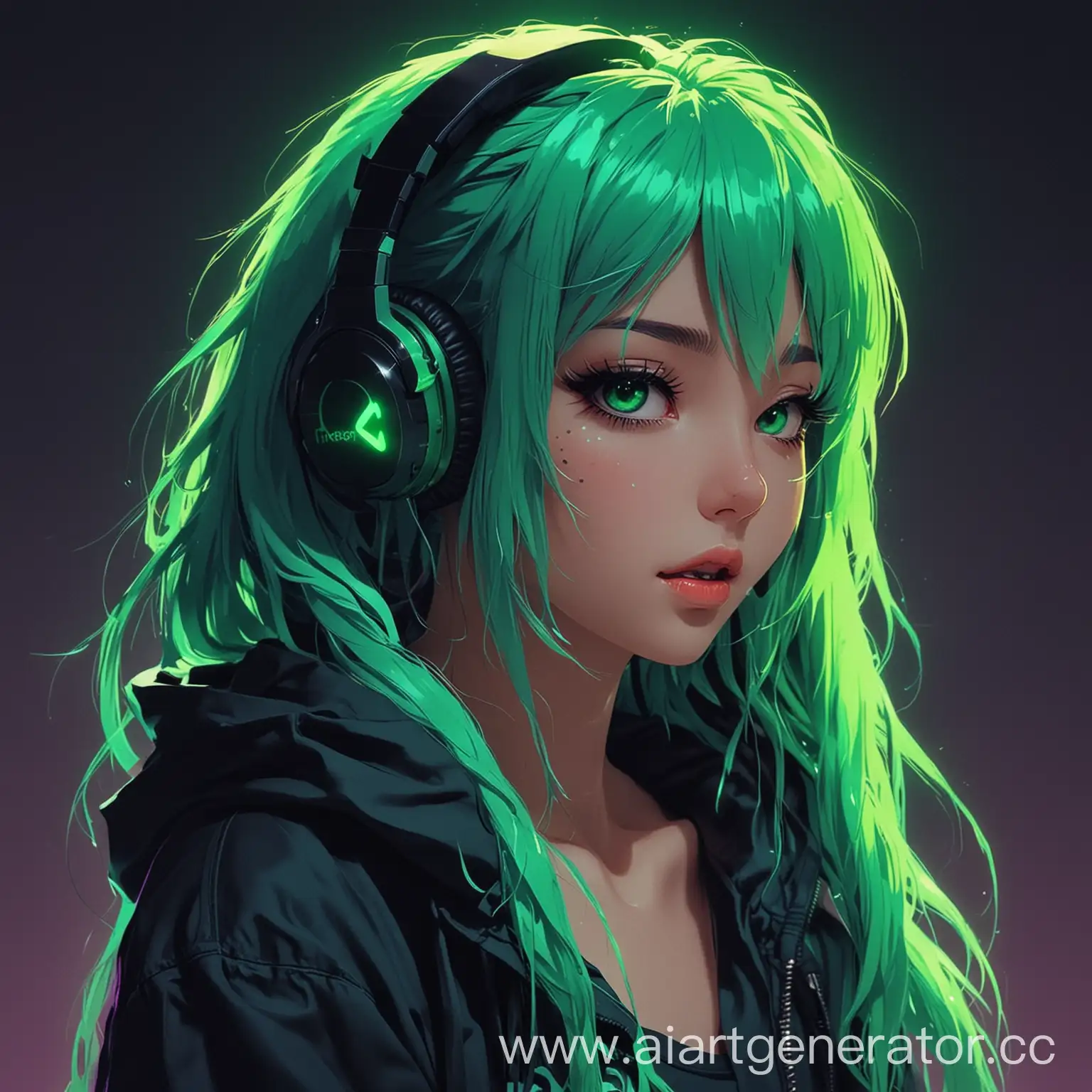 anime girl listen music this is in neon style and green toxic color