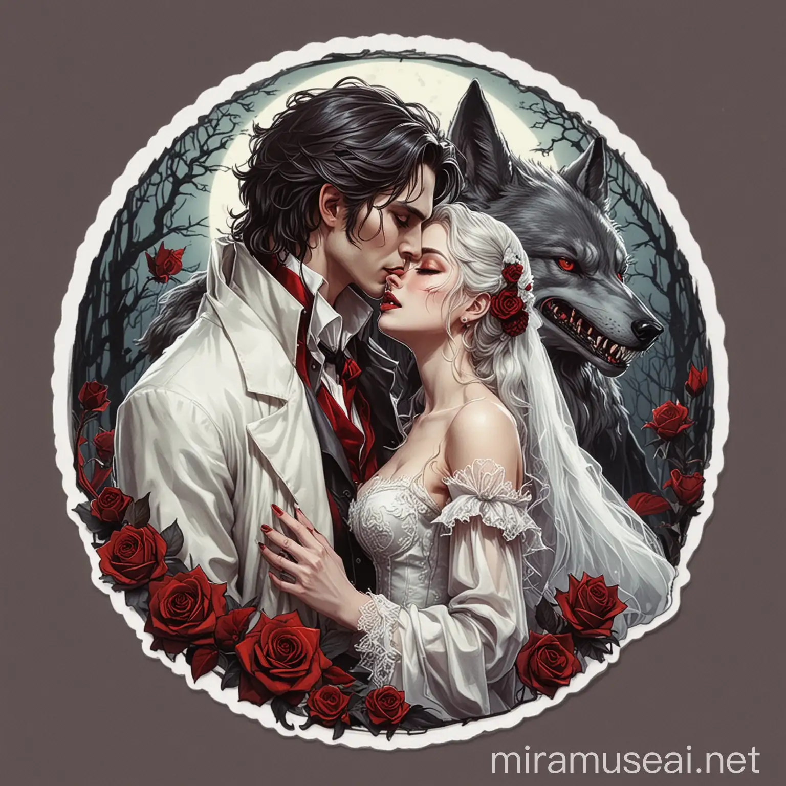 A higher quality illustration sticker of beautiful vampire bride and wolf romance 