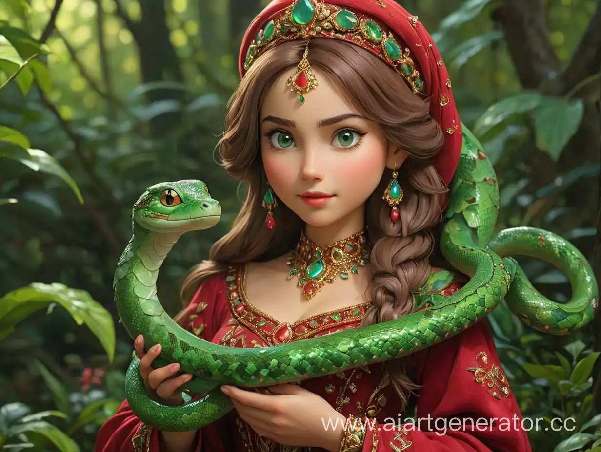 царевна Аленушка из сказки в рубиновых бусах и кокошнике держит зеленую змею