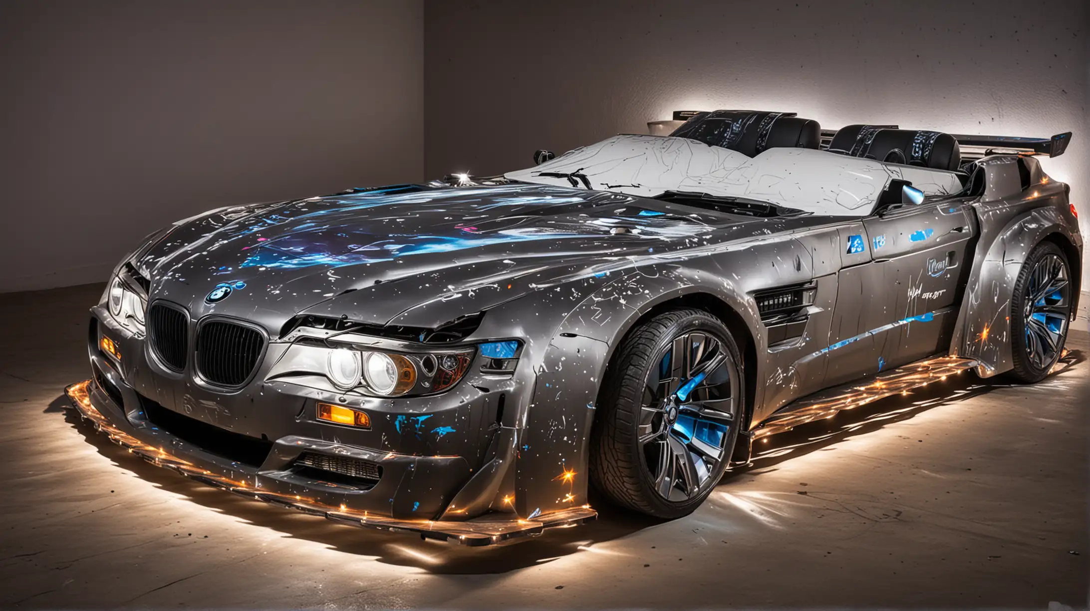 Luxury Car Inspired Double Bed with Illuminated Headlights and RGB Graffiti