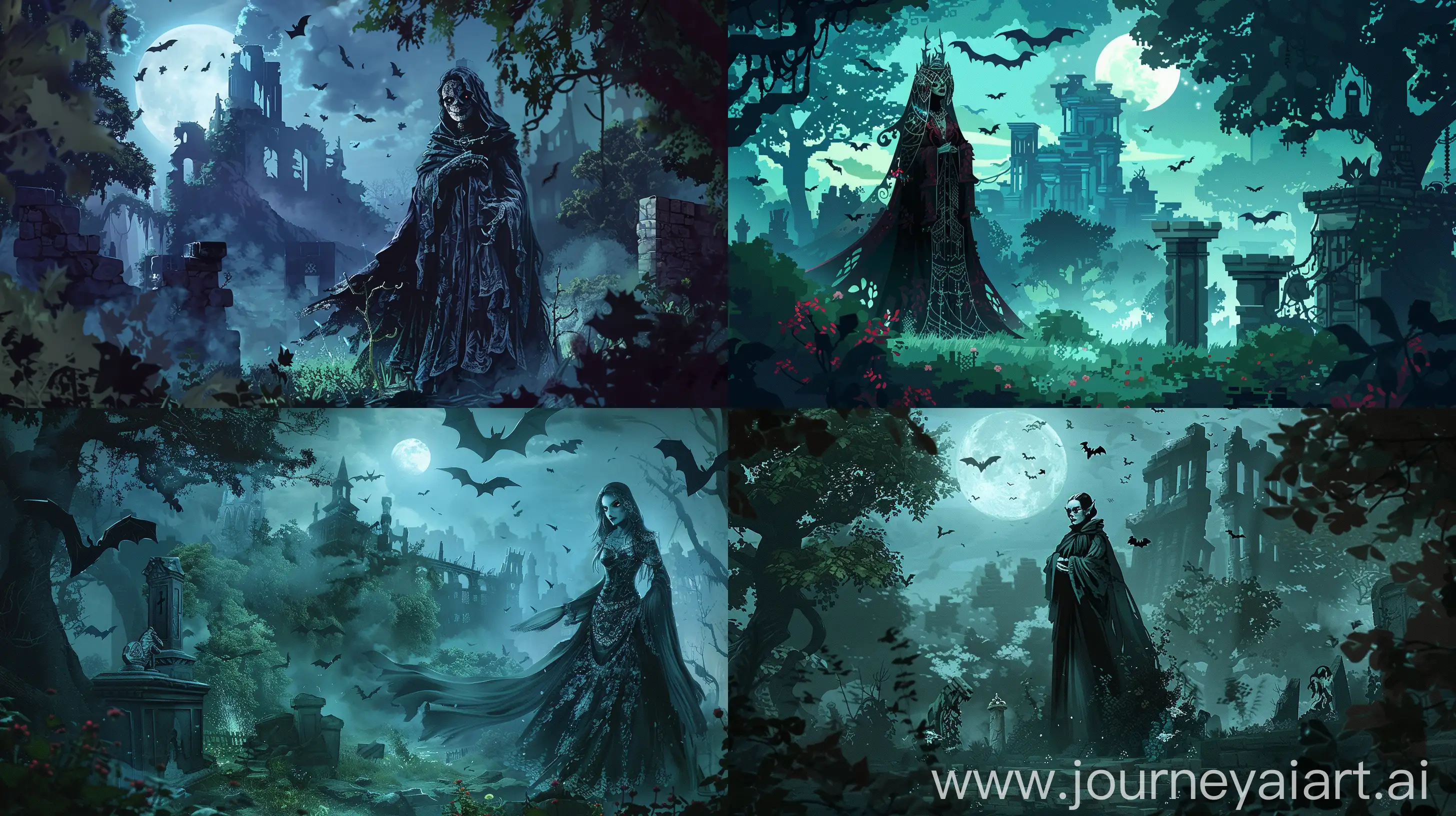 An elaborate illustration depicting a dark, mystical scene within the Minecraft universe, showcasing the integration of the Vampires mod. The composition centers around a hauntingly beautiful vampire character, draped in elegant attire, standing amidst an eerie forest illuminated by a pale moonlight. Surrounding the vampire are various elements indicative of the mod's features, such as vampire bats fluttering overhead, eerie fog enveloping the landscape, and cryptic ruins in the background. The vampire's gaze exudes an aura of mystery and allure, while the environment evokes a sense of foreboding and intrigue. The illustration captures the essence of gameplay with the mod, highlighting its atmospheric and immersive qualities without the need for textual cues. --ar 16:9 
