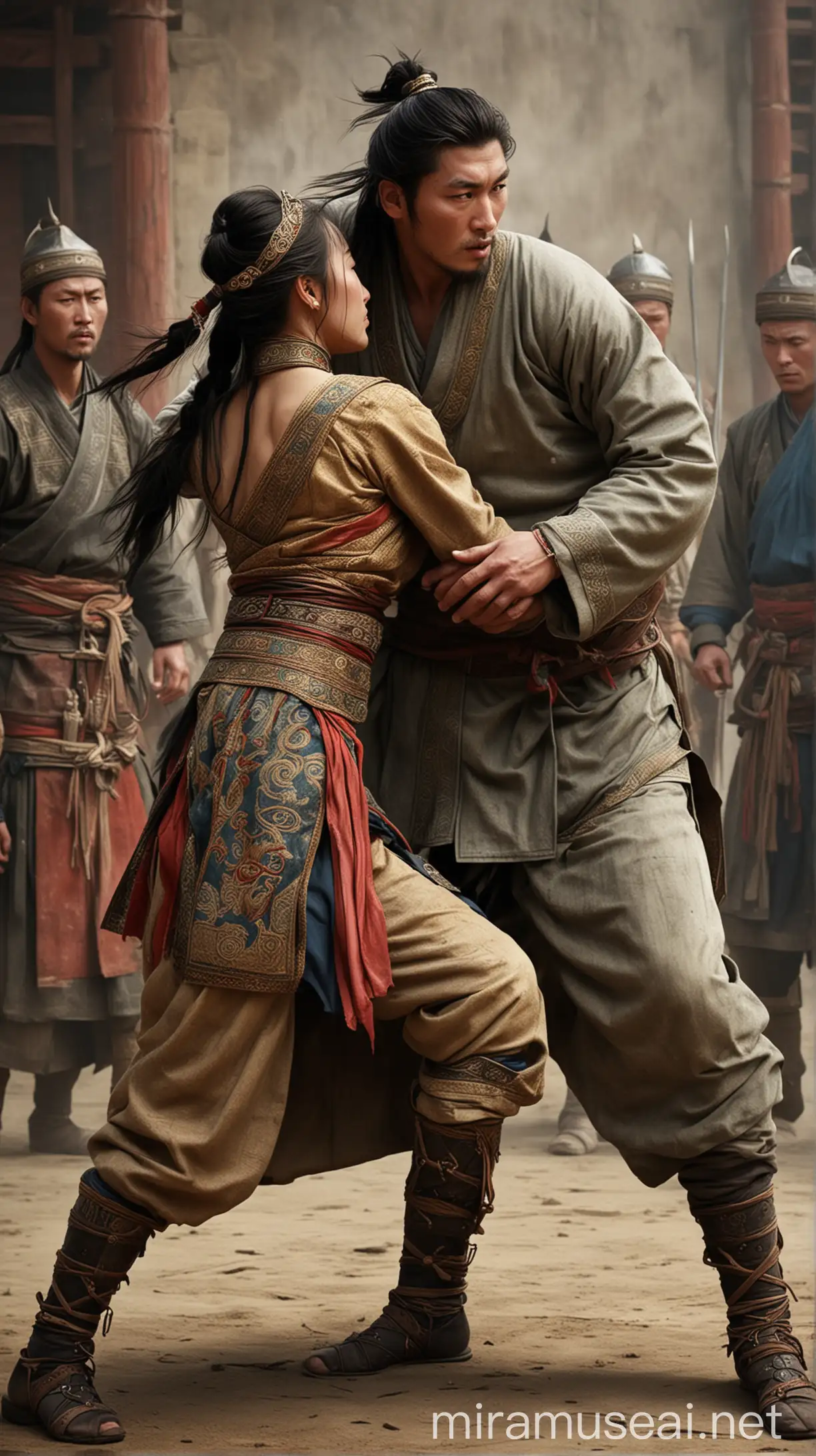 13th Century Mongolian Court Intense Wrestling Match Between Princess Khutulun and a Young Man