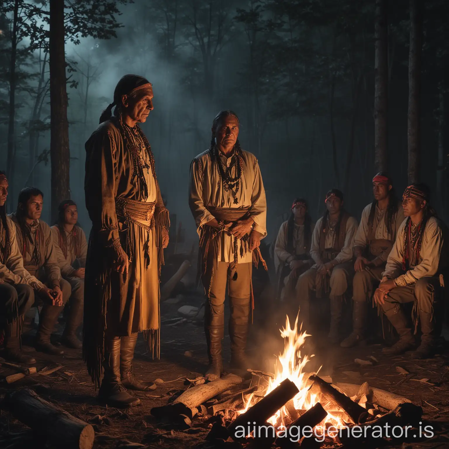 A Native American leader, Tecumseh, placing a curse in the middle of a forest. Tecumseh is dressed in traditional attire, standing solemnly in front of a campfire. Tribal members are quietly observing in the background. The night is dark, and the firelight creates an eerie atmosphere.