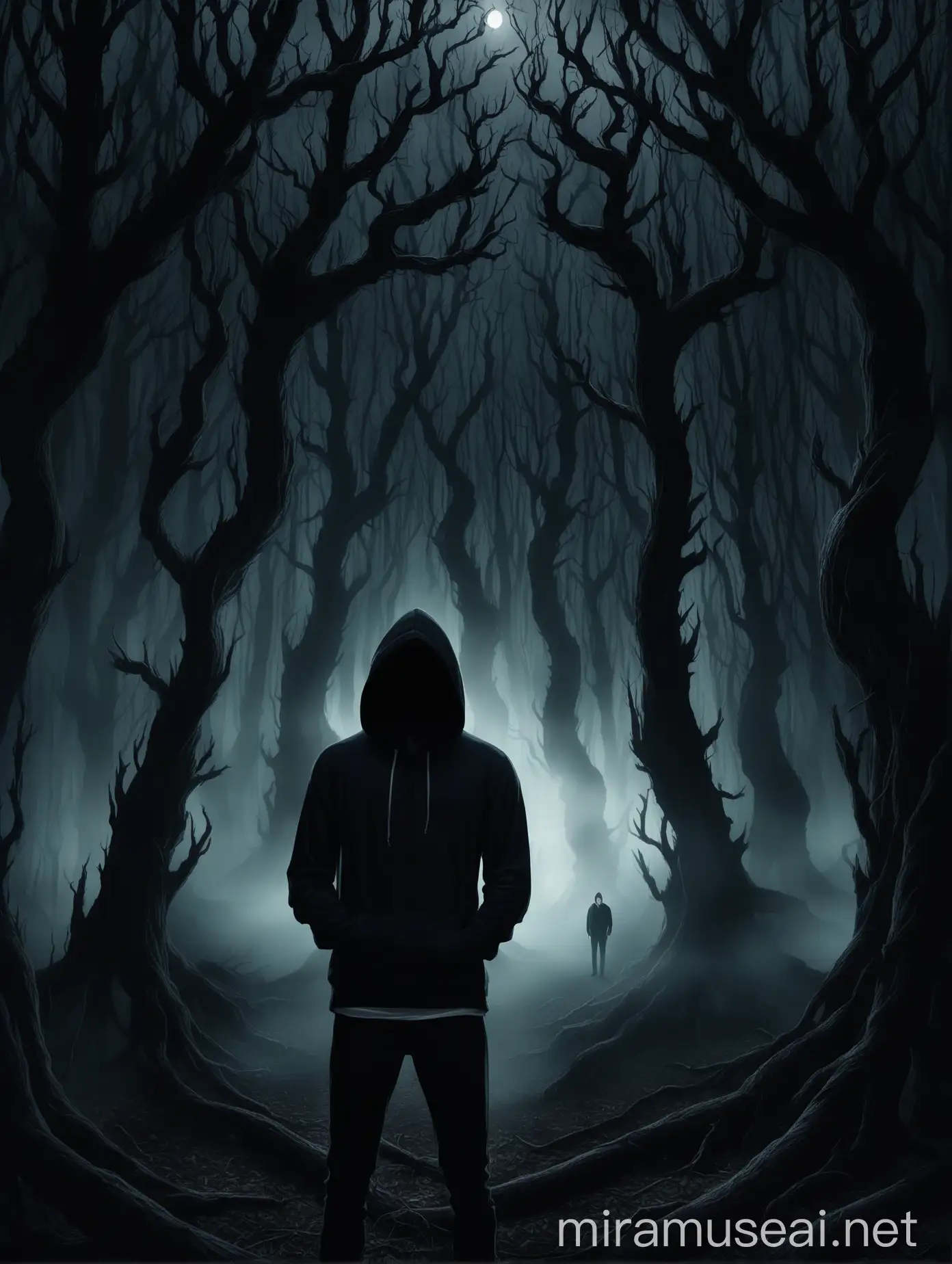 A handsome young man of twenty five years putting on a dark hoodie, facing a scary dark forest with twisted crooked trees, with fogs engulfing the midnight