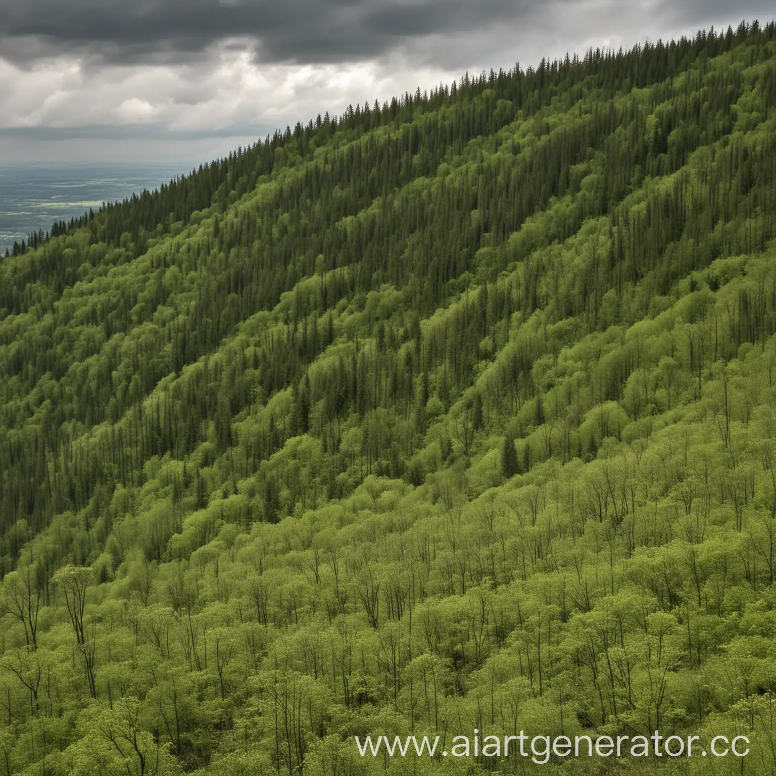 Sweeping-Landscape-Springtime-Forest-View-from-a-Slope-Under-Cloudy-Skies