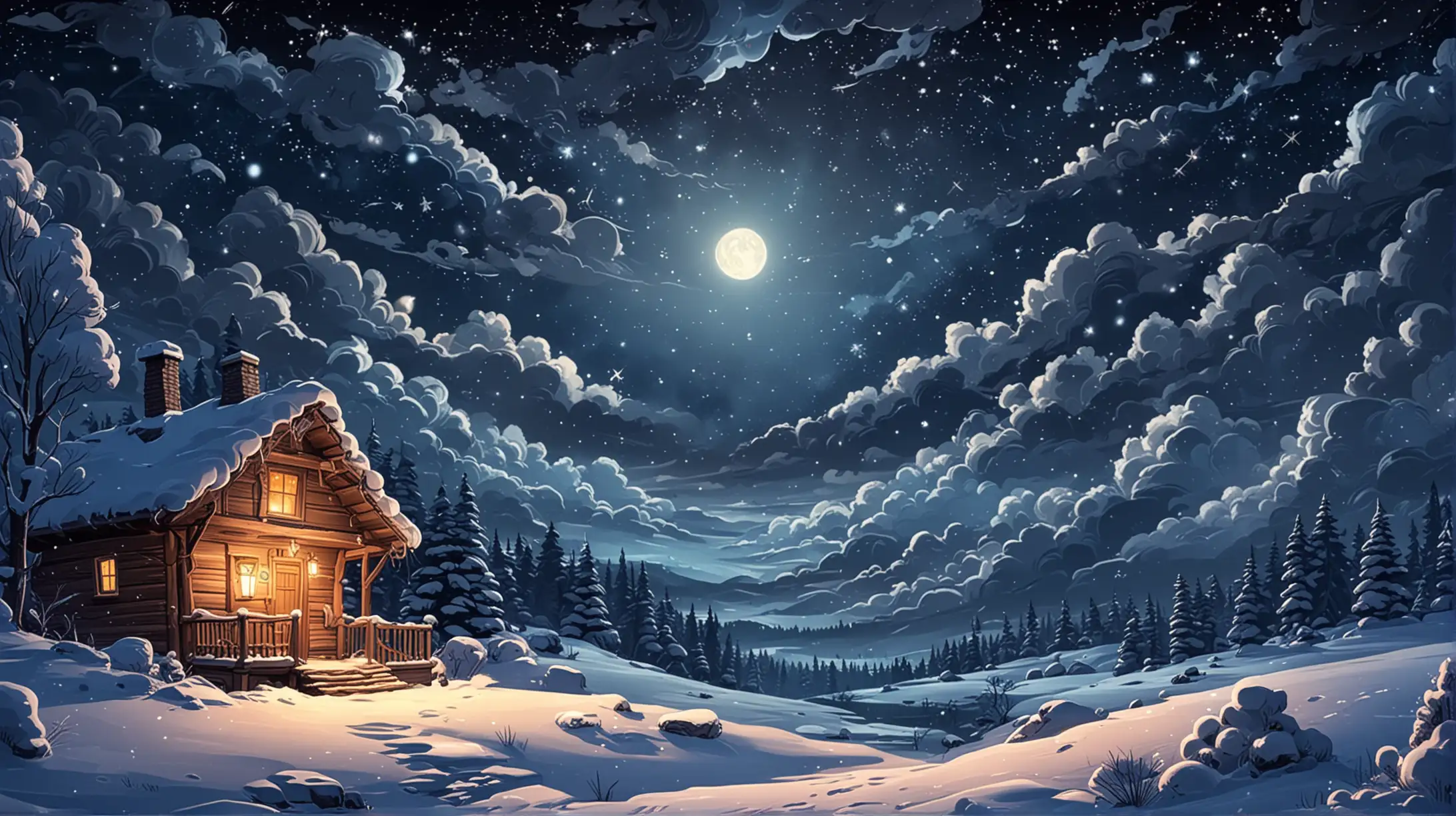 Cartoon Winter Night Sky with Snowy Trees and Starry Sky