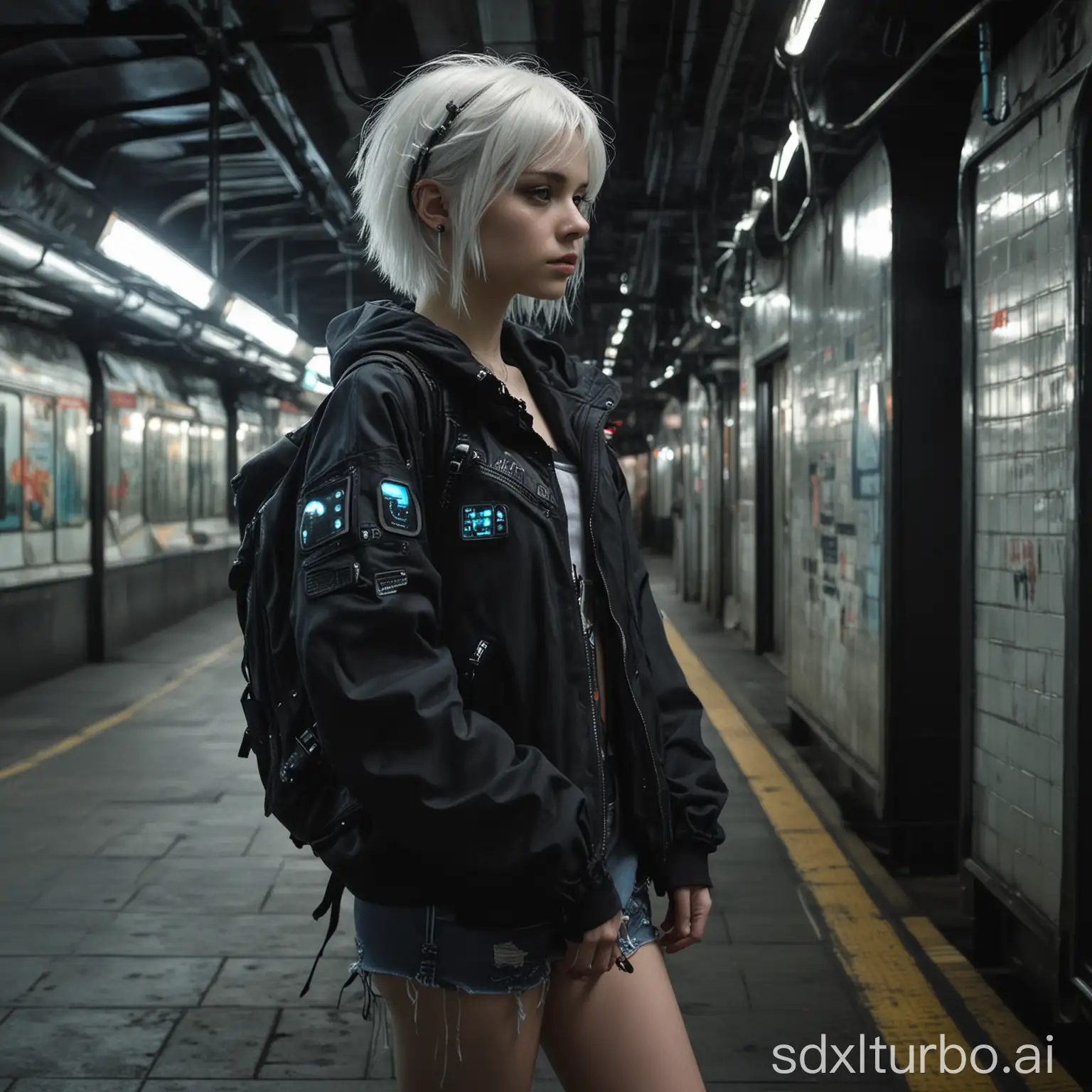 teen femboy hacker, white hair, outfit with bioluminescent details, jacket over crop top, backpack, dystopian cyberpunk subway station, low light, dark shadows