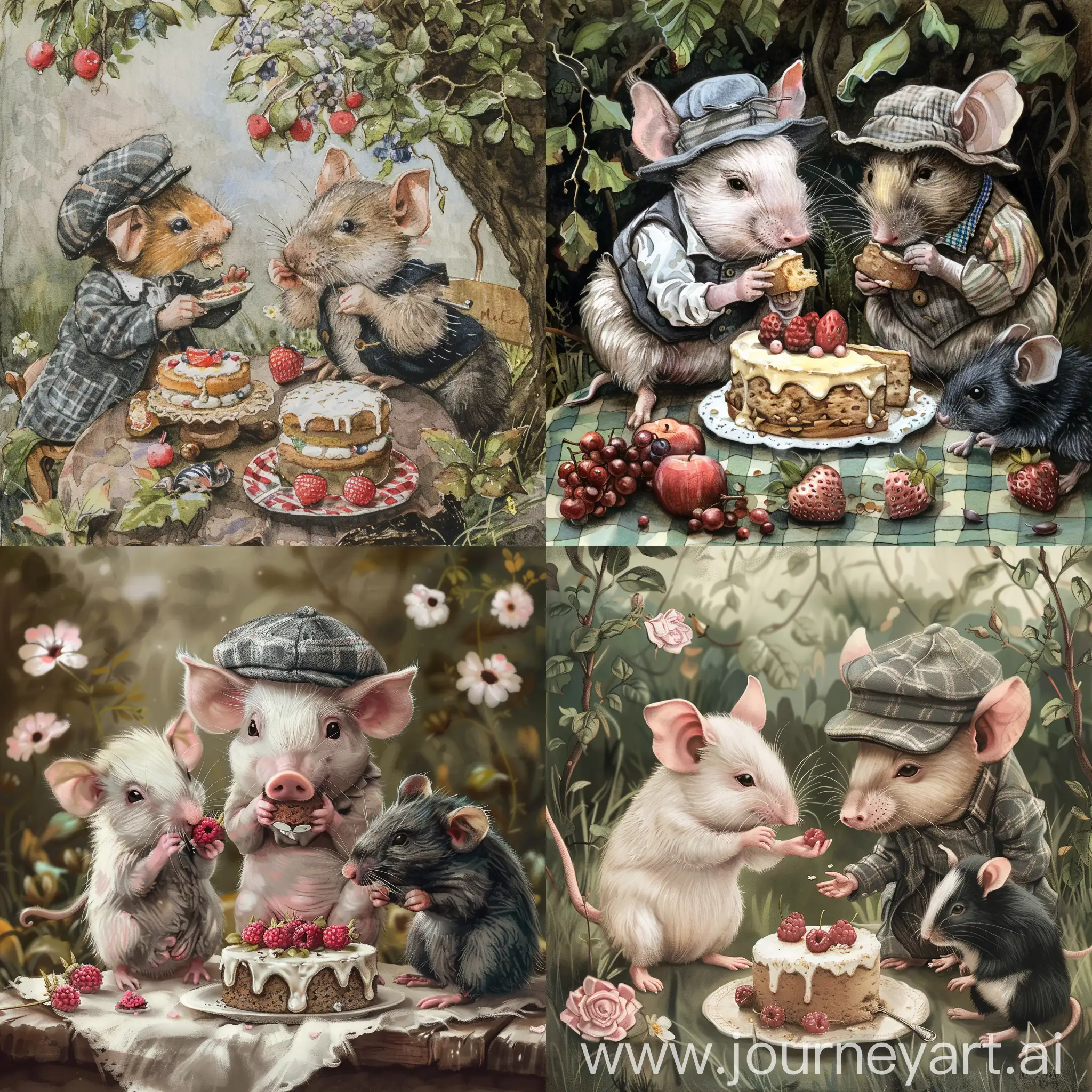 Cute Piglet in gray tweed  cap eating cake, together  with cute baby girl rat and baby boy mole with black fur, in idyllic garden, in the style of Beatrix Potter 