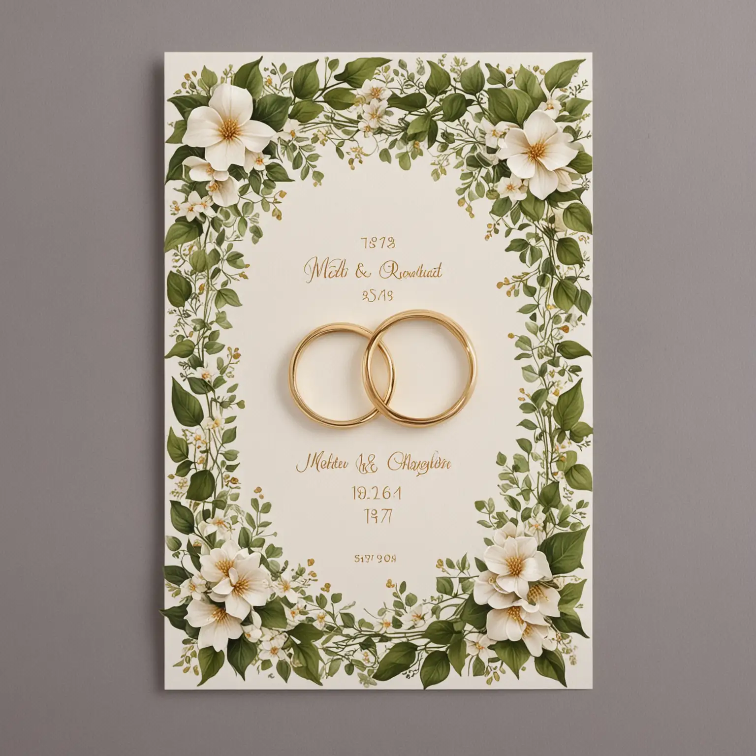 wedding card 11.5 x 17 cm with two gold rings - background with small flowers and ivy
