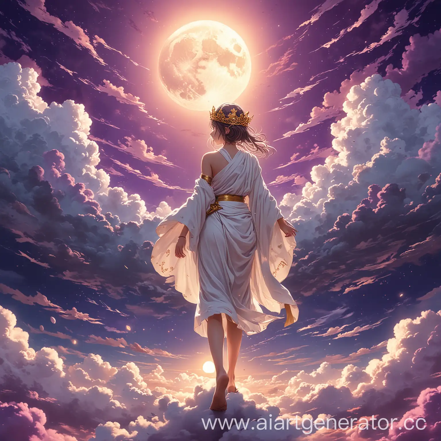 аниме девушка в белой тоге , с короной на голове идет по пышным облакам облакам к большой золотой луне в фиолетовом небе