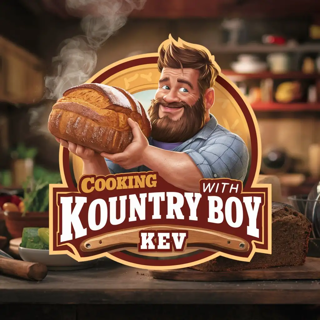 Kountry Boy Kev Logo Rustic Cooking Scene with a Young Chef