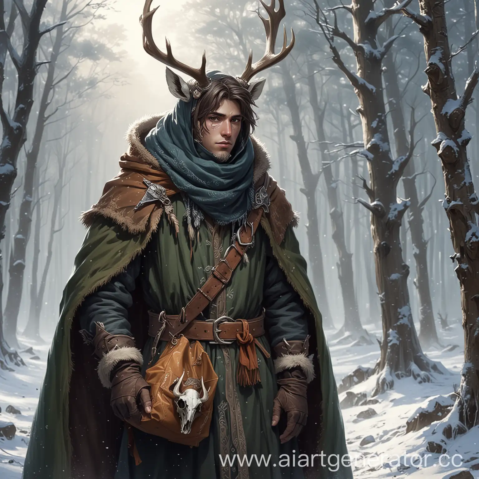 Medieval-Winter-Anime-Character-with-Deer-Skull-Head-in-Forest