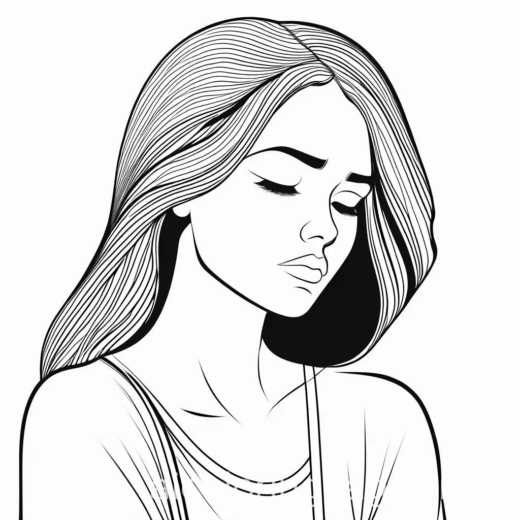 Depression, pain, female, Coloring Page, black and white, line art, white background, Simplicity, Ample White Space. The background of the coloring page is plain white to make it easy for young children to color within the lines. The outlines of all the subjects are easy to distinguish, making it simple for kids to color without too much difficulty