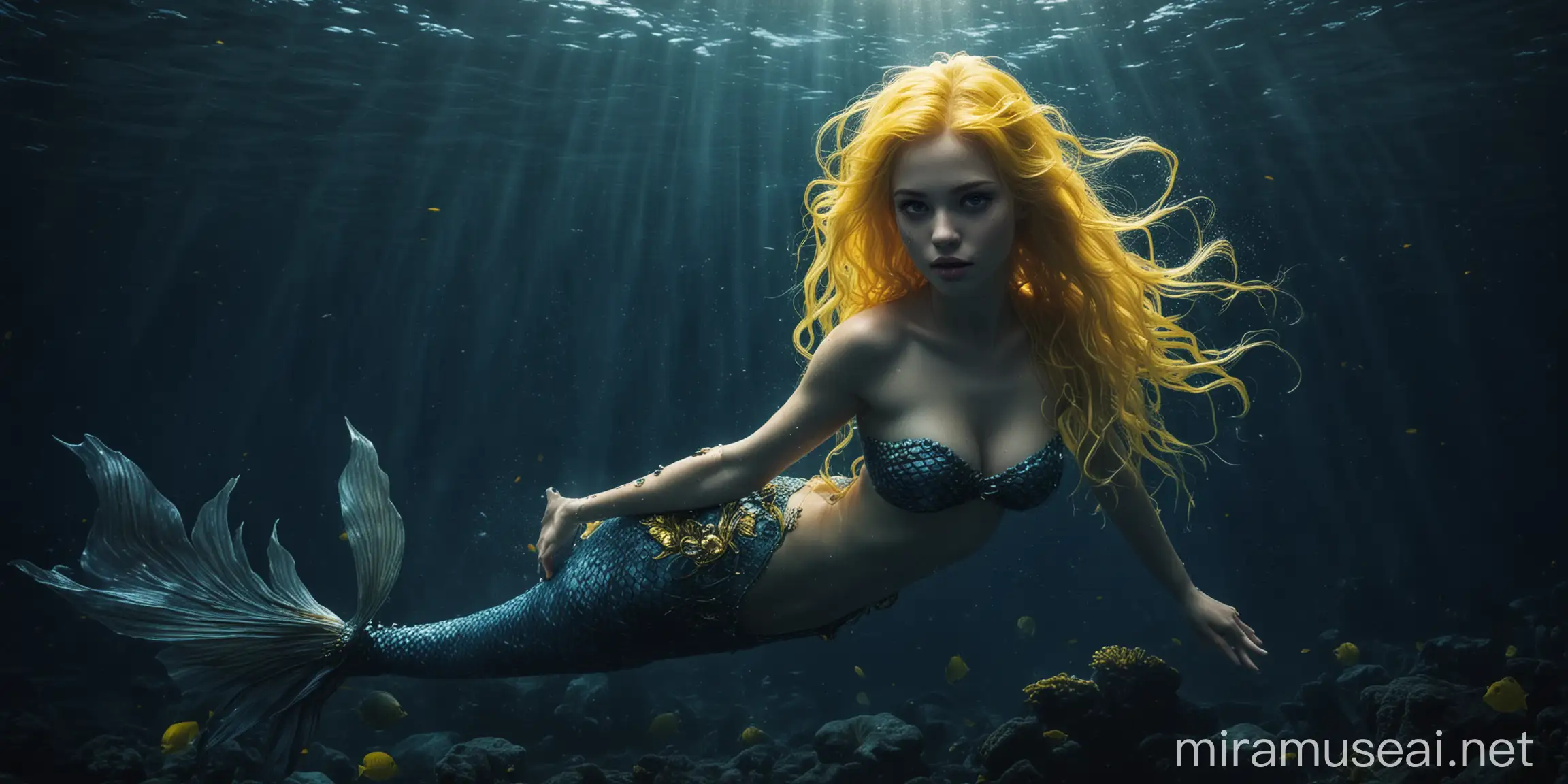 Enchanting Mermaid with Golden Hair in Deep Blue Abyss