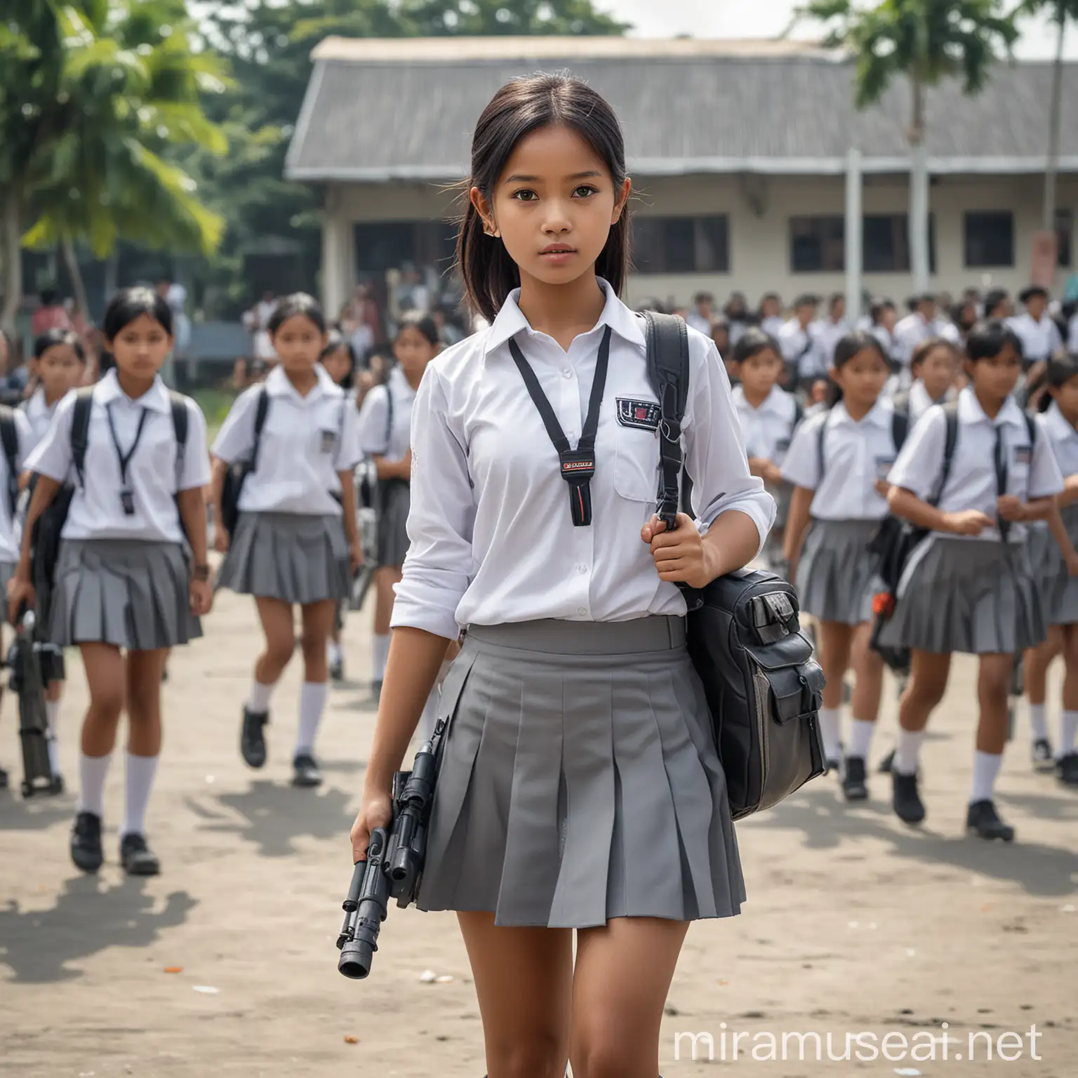 futuristic photo, beautiful Indonesian girl, wearing a white school uniform and gray mini skirt, carrying a school bag and carrying a bazooka in her right hand, in the school yard, several other students can be seen paying attention, detailed, realistic.