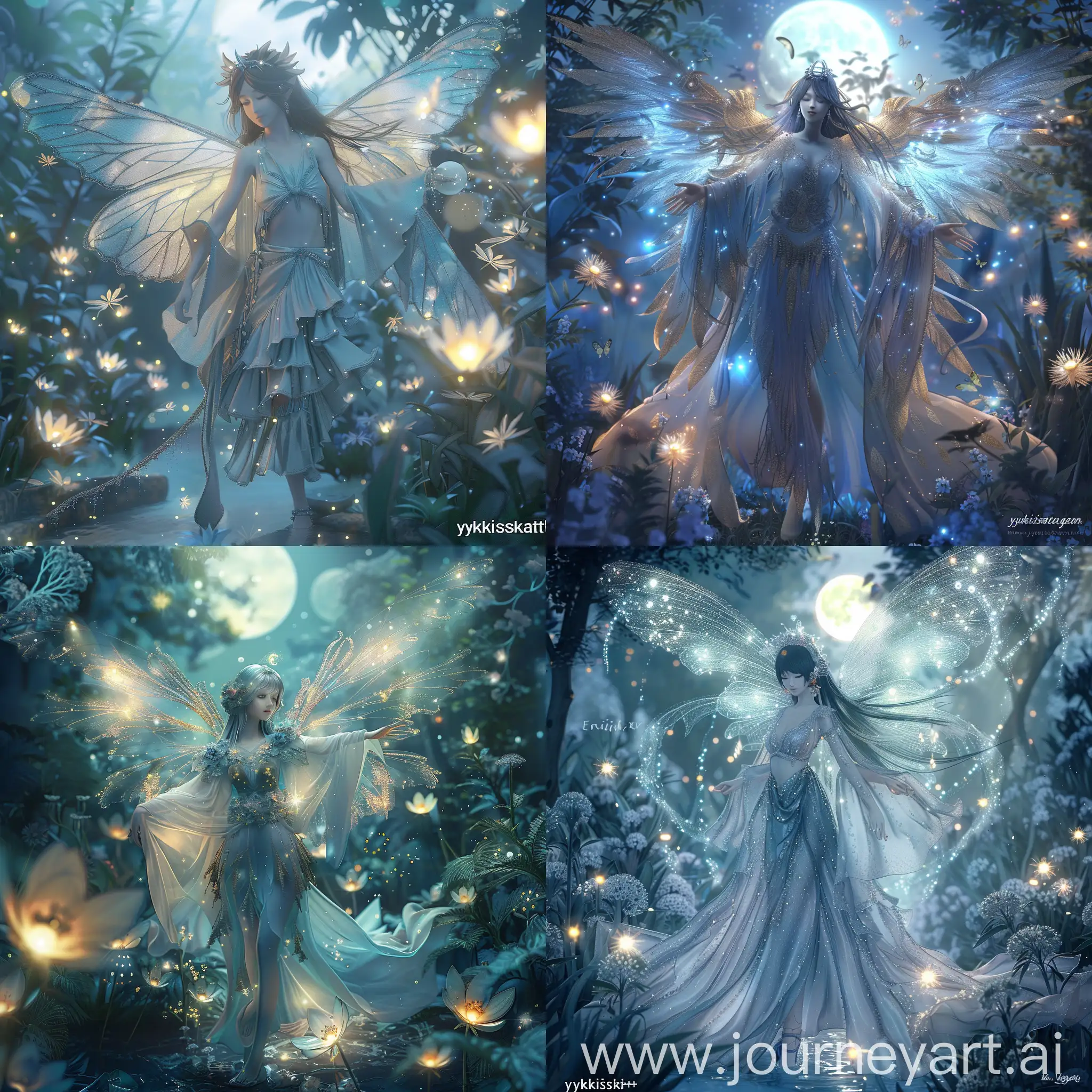 high quality, 8K Ultra HD, Enchanted Moonlit Garden, In the heart of the garden stands a beautiful graceful fairy-like figure, adorned in delicate, flowing garments that shimmer with starlight, Her wings glisten with moonbeams as she spreads a sense of wonder and tranquility, Step into a realm of enchantment with this mesmerizing digital artwork, The scene unfolds in a moonlit garden filled with ethereal beauty, Glowing moonflowers and luminescent fireflies create an otherworldly glow, casting a magical ambiance over the scene, The color palette is a delicate mix of cool blues and soft pastels, by yukisakura, highly detailed, 