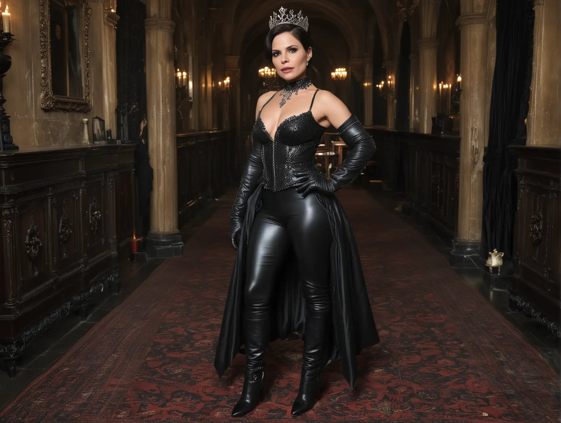 a full length view of lana parrilla as the evil queen with short hair wearing a crown, jewelled choker, jewelled bracelets, wearing sleeveless black leather full length ball gown, black leather gloves, black leather ankle length boots standing in a gothic mansion lounge