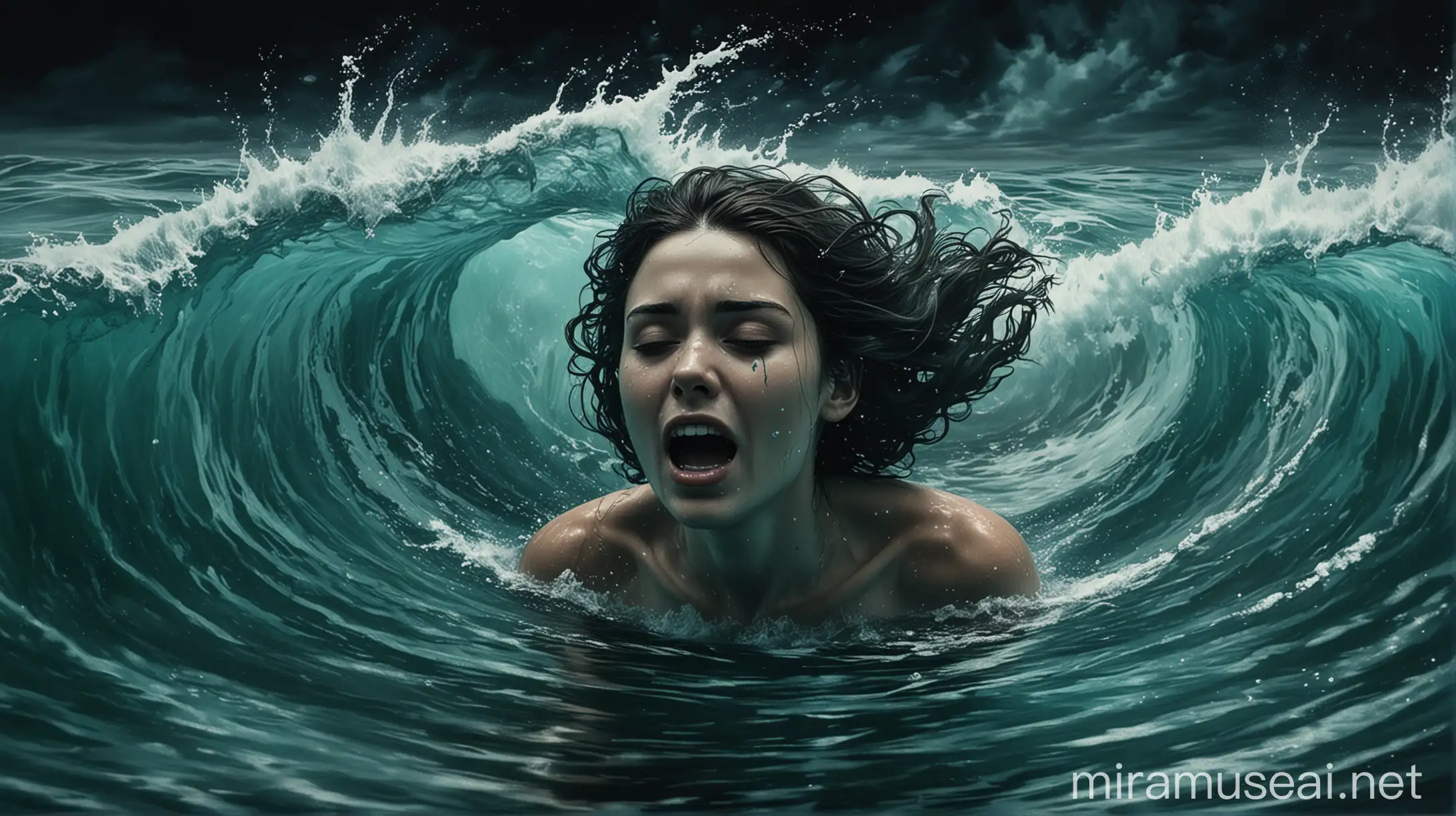 A woman sinking or swimming underwater, depicted in a swirling teal color that transitions to a dark blue or black at the bottom of the frame. The woman's expression should be one of despair and confusion, with tears streaming down her face Create a sense of depth in the water with gradients of teal and blue.  Intersperse shadowy figures throughout the background, representing secrets and deceptions Include crashing waves at the top of the frame to depict the emotional turmoil ,using a teal color that pops against the dark background visually representing the emotional depths, betrayal, and loss of love the woman is experiencing The teal color acts as a symbol of the overwhelming emotions 
