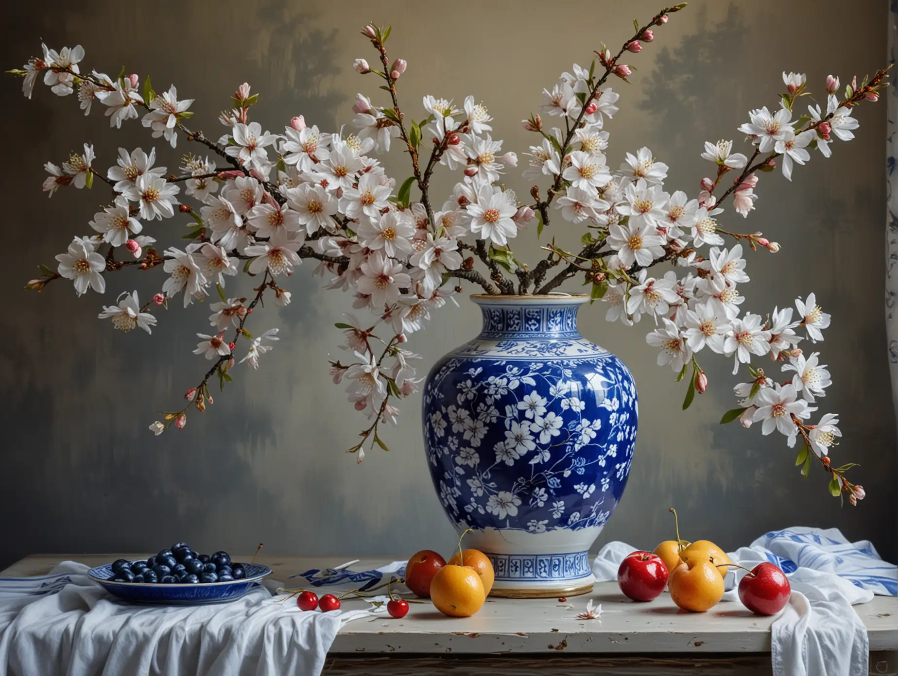 STEMS OF CHERRY BLOSSOMS IN  ONE  BLUE AND WHITE ORIENTAL VASE, IN A REALISTIC STILL LIFE PAINTING, WITH FRUIT IN A BLUE AND WHITE COMPOTE