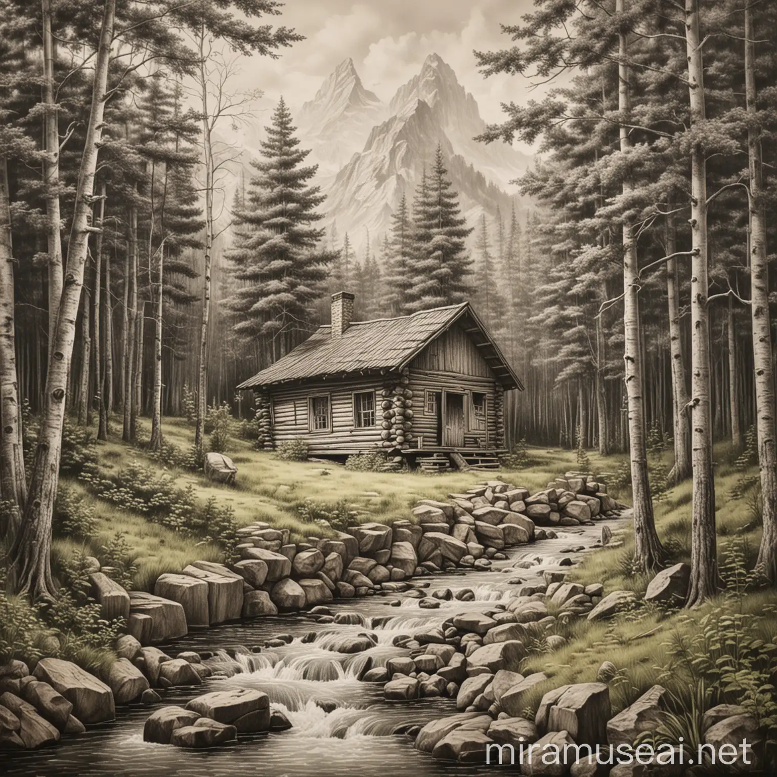 Pencil Drawing of a Cozy Cabin in the Forest