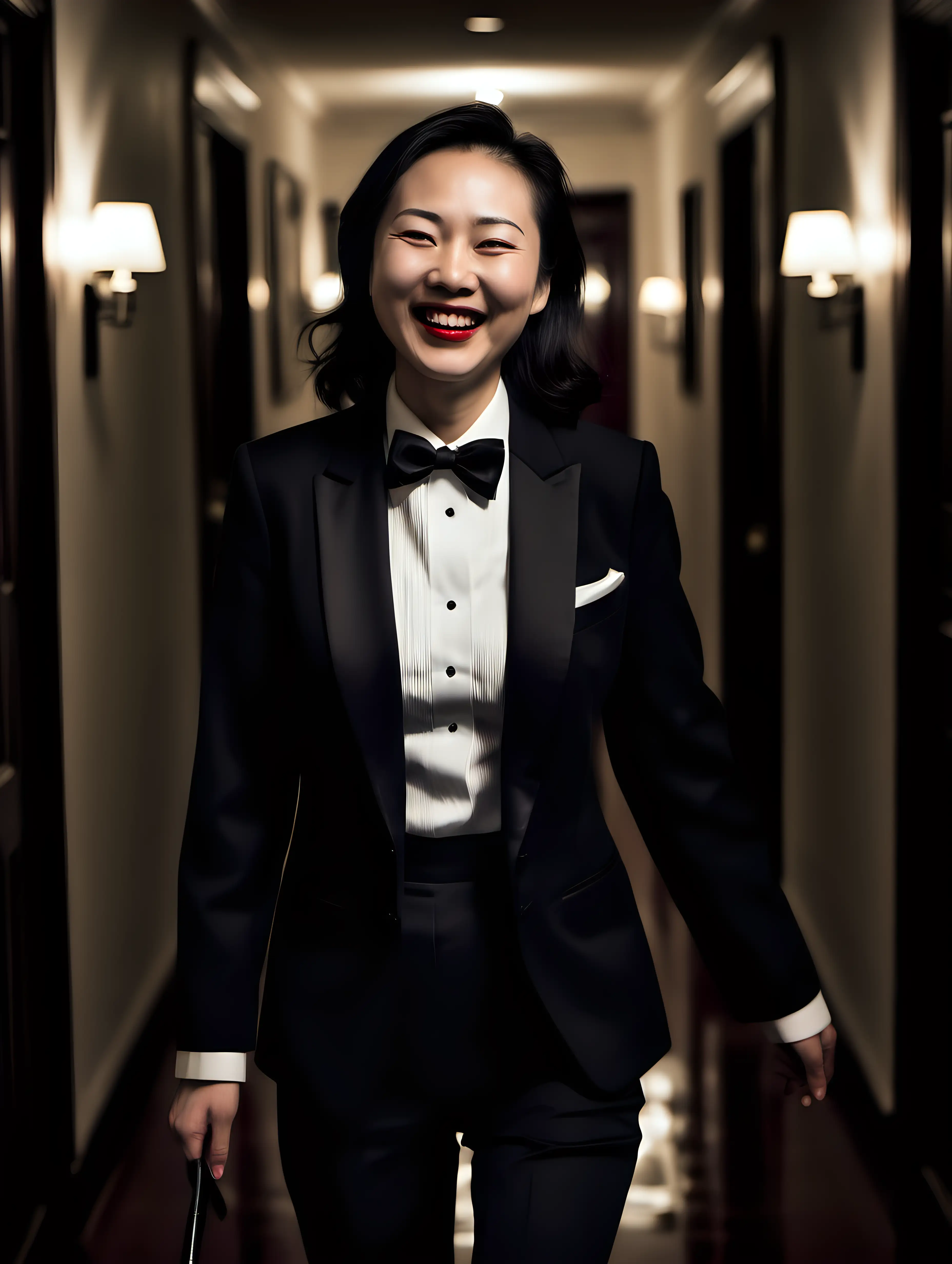 It is night. A smiling and laughing 40 year old Chinese woman with shoulder length hair and lipstick is walking down a dark hallway in a mansion. She is facing forward. She is wearing a tuxedo with a black jacket with a corsage and a white shirt and a black bowtie and black cufflinks and black pants. She is relaxed. Her jacket is open.  She is smiling and laughing. She is relaxed. Her jacket is open.  She is smiling and laughing.