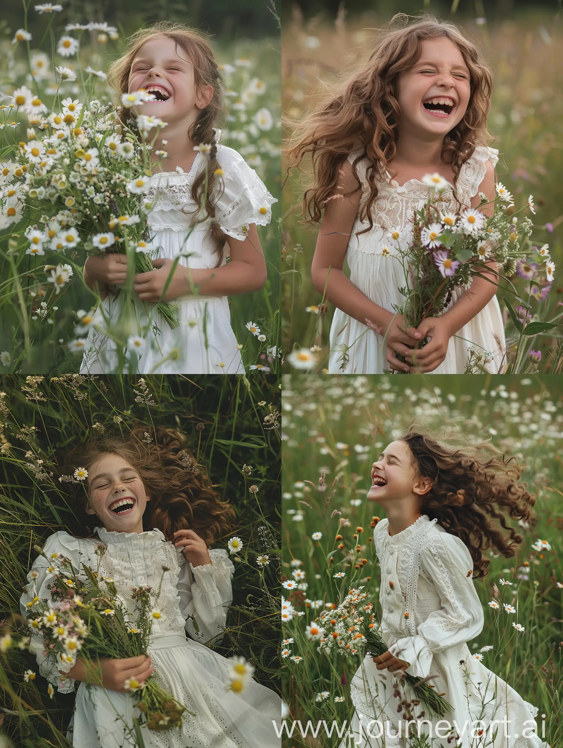 смеющаяся девушка в белом платье с букетом полевых цветов