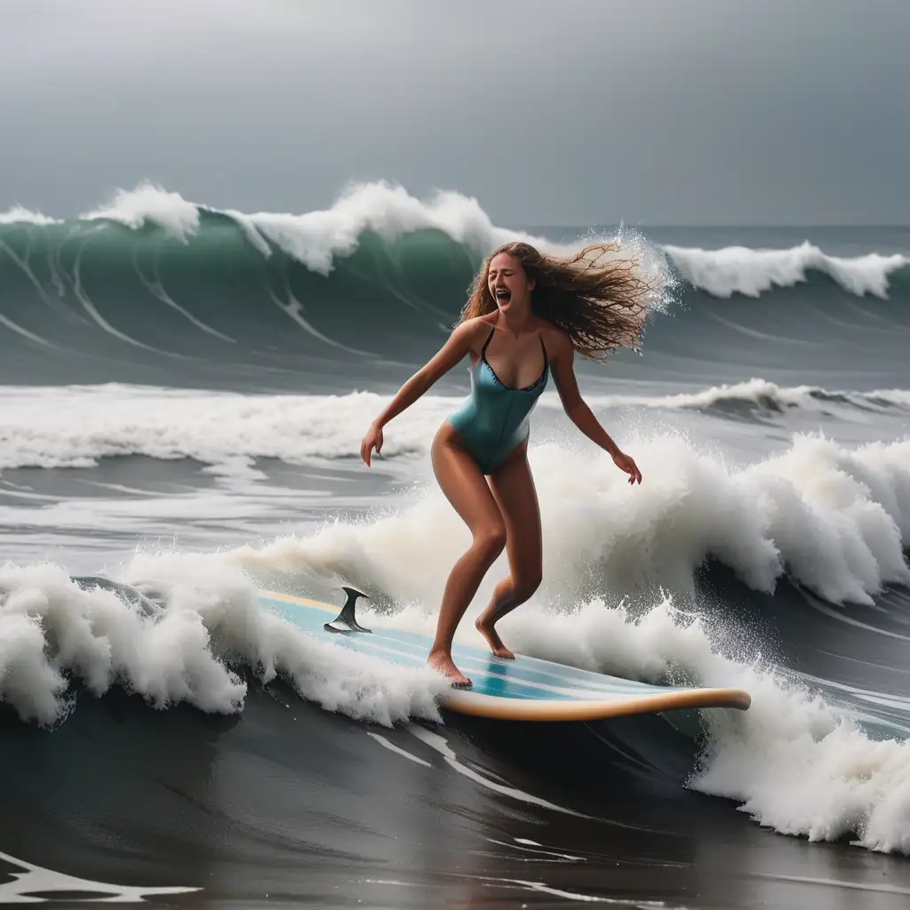 wave of surging tides on the great sea, a young woman steps on a surfboard and dances with huge waves