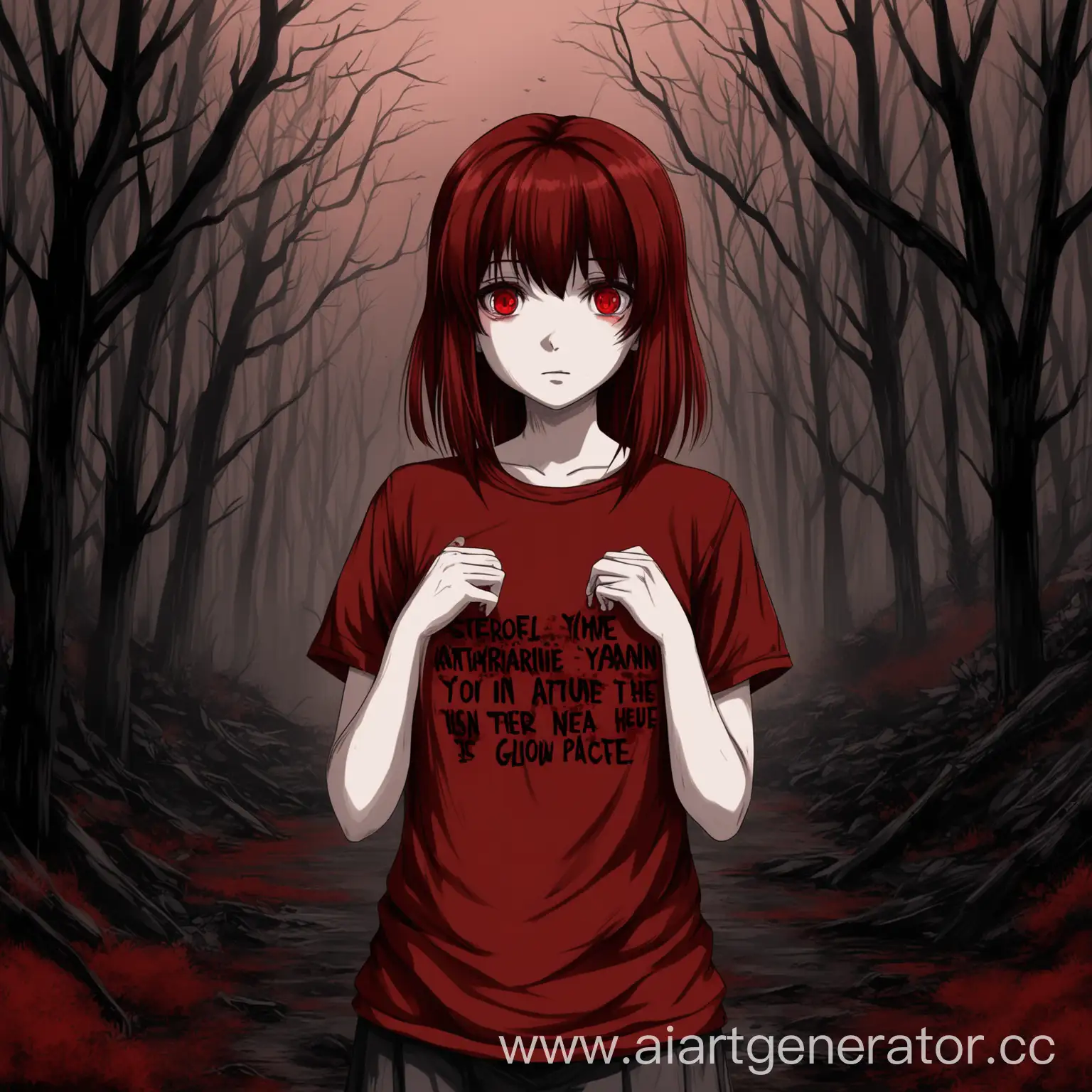 Создай аниме девушка тян которая находится в атмосферном месте на природе и в руках или на футболке имеет надпись Gloomy в красных тонах