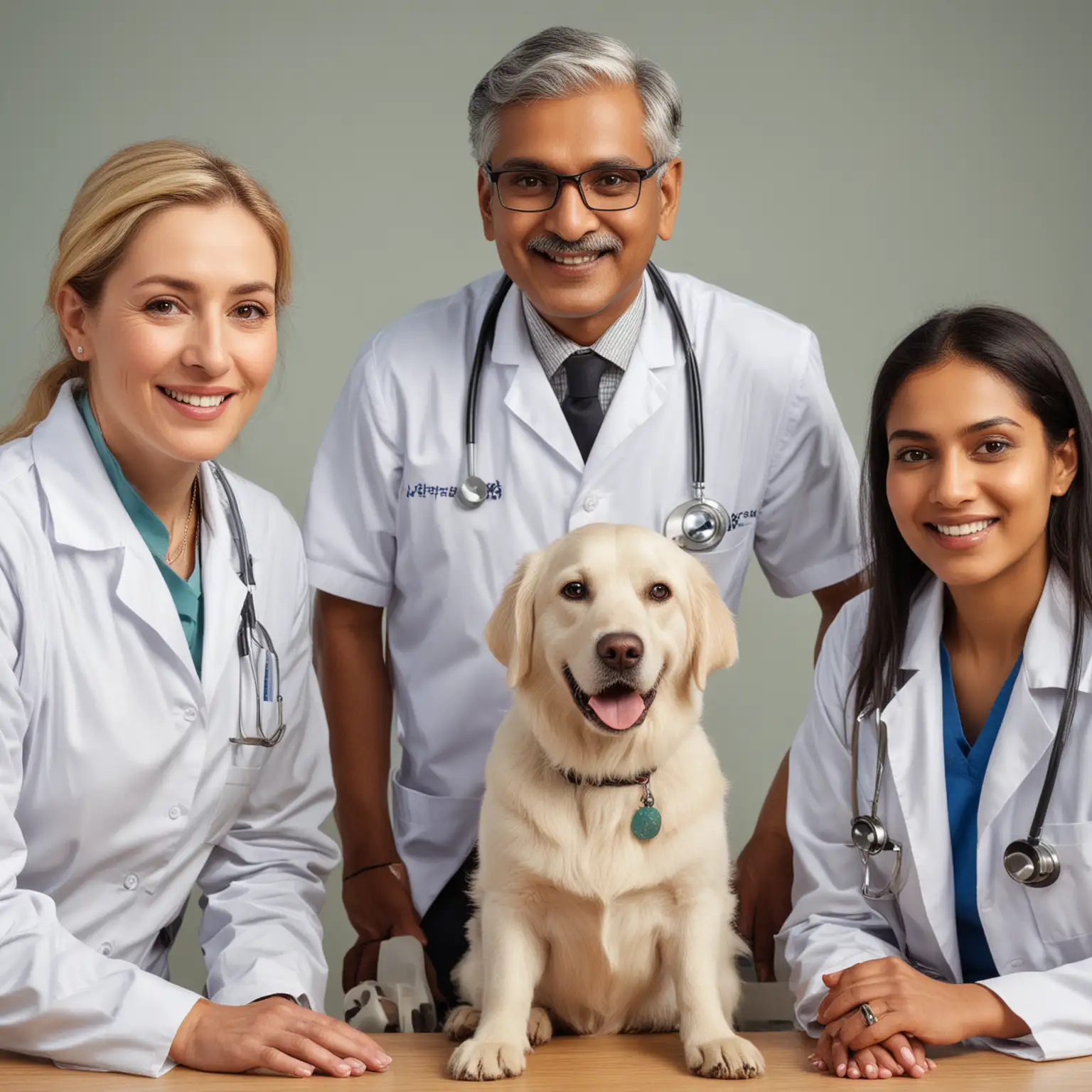 older indian male veterinarian and Caucasian female veterinarians with a pet