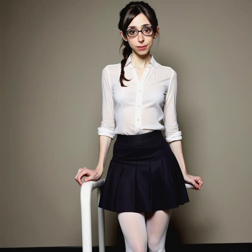 Anorexic Cristin Milioti, very petite frame, large hazel eyes, anemic, emaciated face, collarbones protruding, very thin legs, dark hair in sleek ponytail, full lips, wearing white blouse, short skirt, tights and pumps, thin glasses
