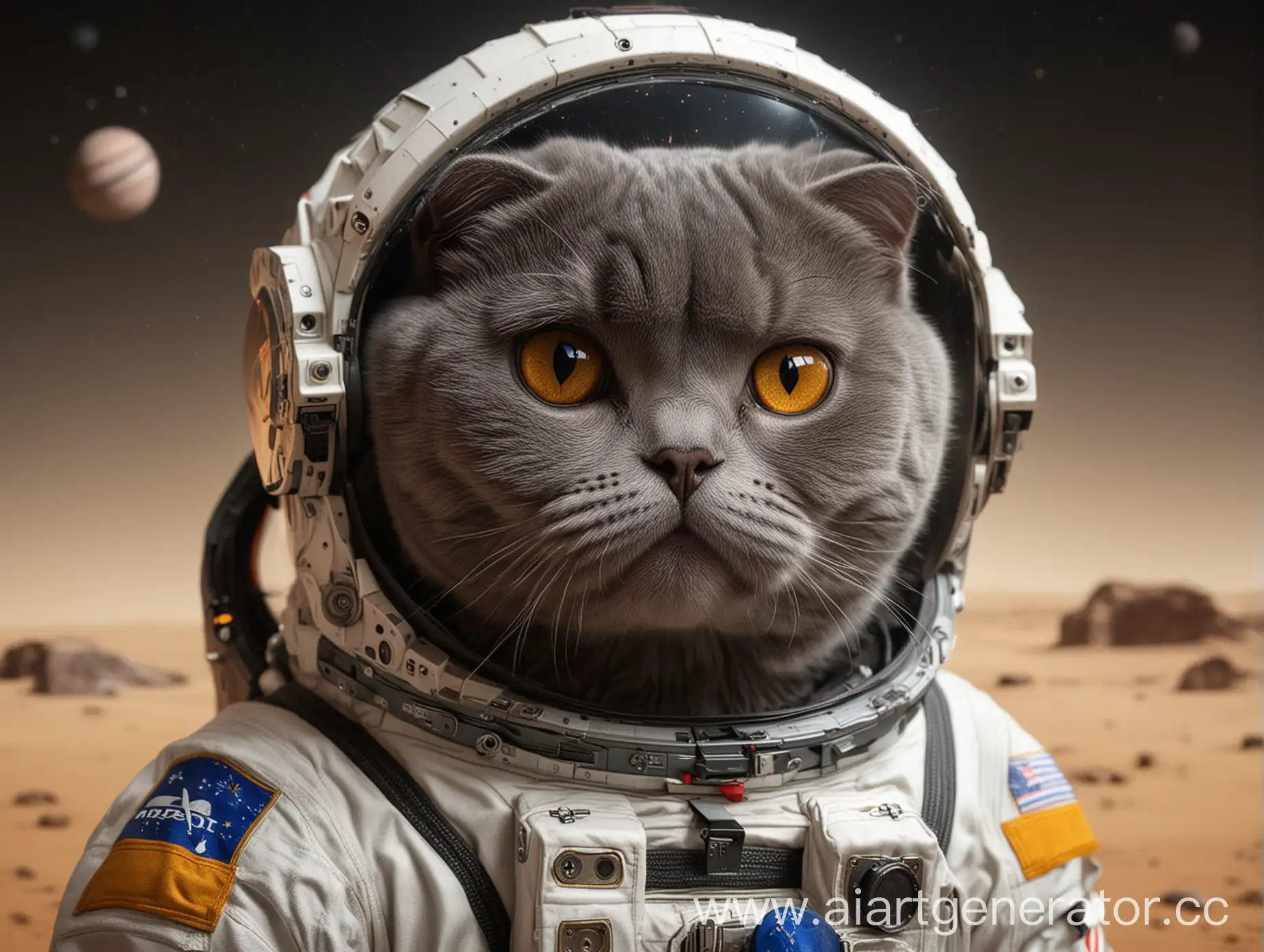 Шотландская вислоухая темно-серая кошка с янтарными глазами 3d летит на марс в космическом корабле