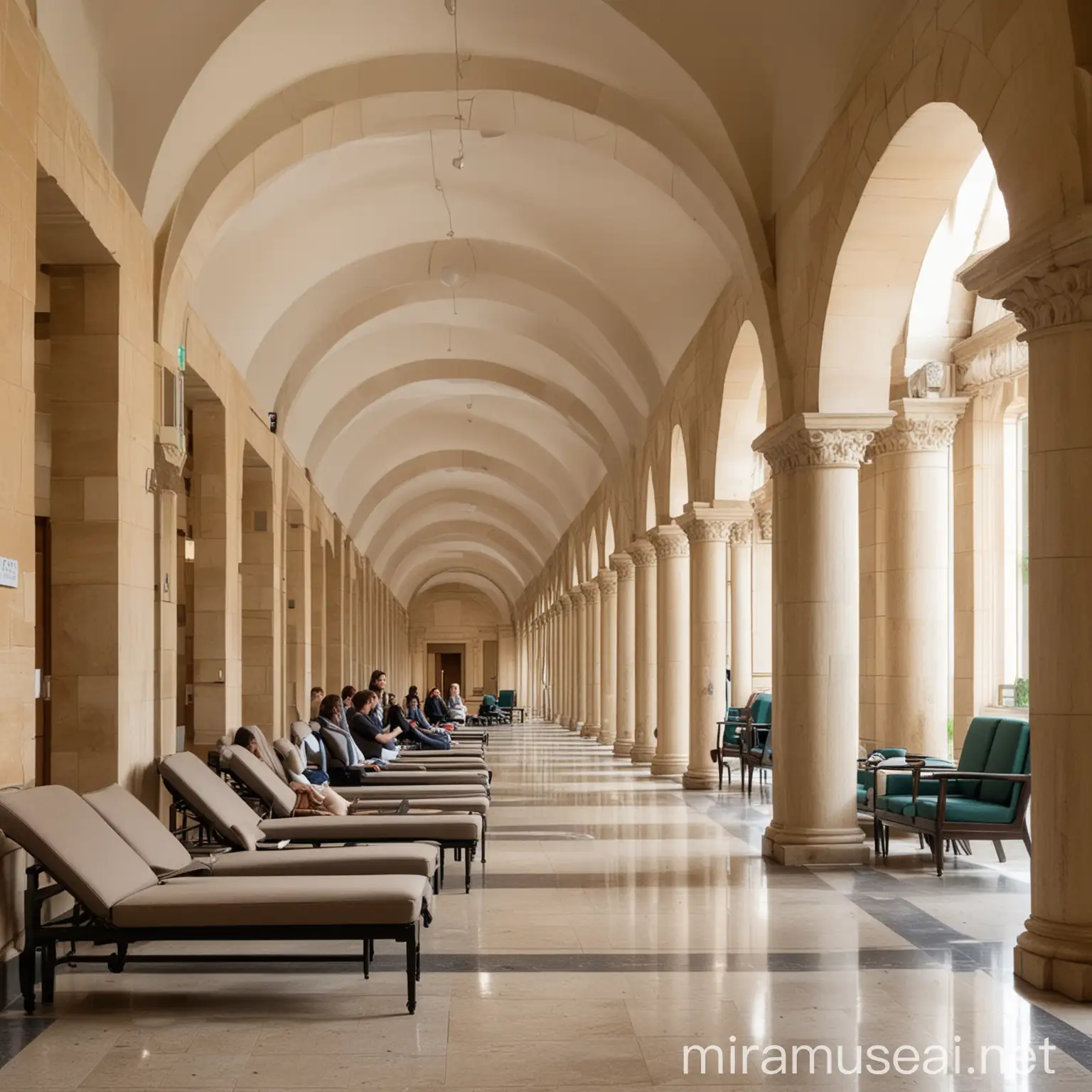  chaise longues that allow students to relax between lecture and study with group students, lobby with colonnade inside