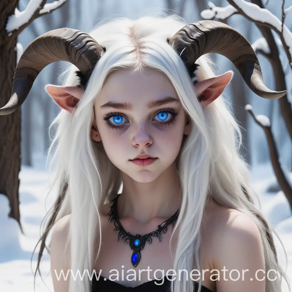 шестнадцатилетняя белая девушка-сатир с голубыми глазами, белоснежными длинными волосами и с малюсенькими, прямыми, чёрными рожками козлёнка на голове.