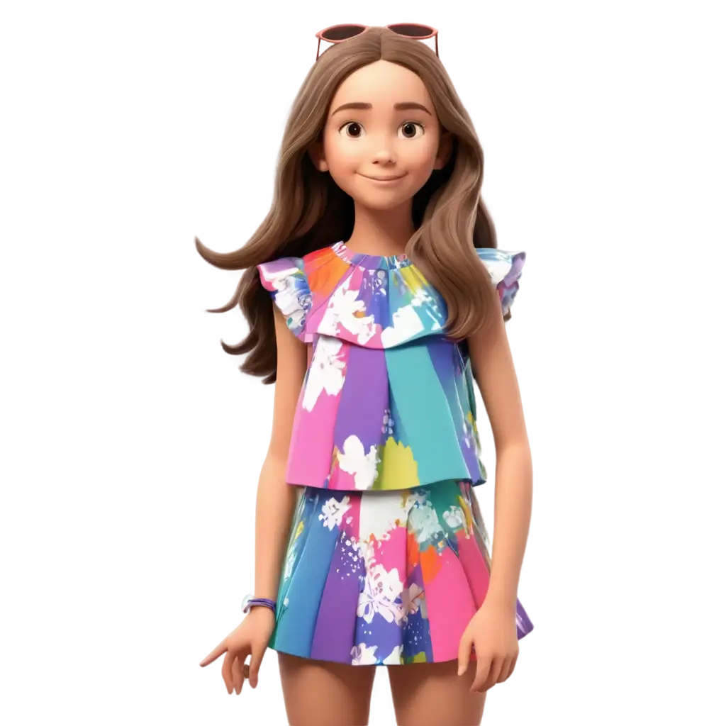 3D render of a cute 10-year-old girl. Colorful and patterned blouse or dress.