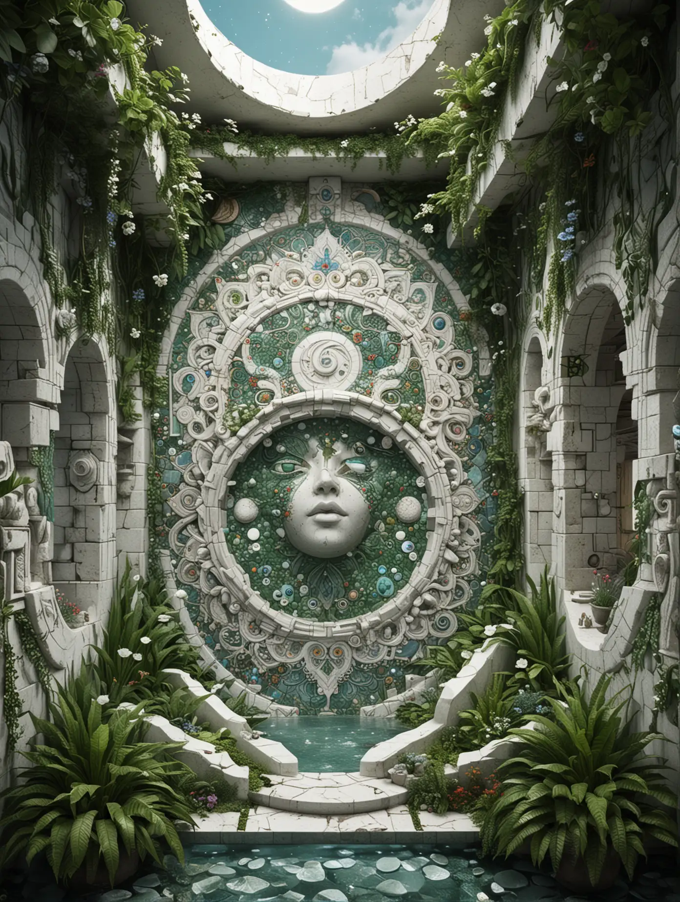 A very detailed white stone spa and pool : 1.n| a mosaic floor with colorful fractal patterns : 1.n| green alien plants and colorful flowers : 1n| carved walls adorned with colorful alchemical symbols : 1.n| amphoras with detailed colorful magical symbols : 1.n| very detailed moon goddess face sculpture : .9n| clear,dark nordic atmosphere : 1.n| highly detailed,high precision,focus on textures, hyperrealistic,bright : 1.